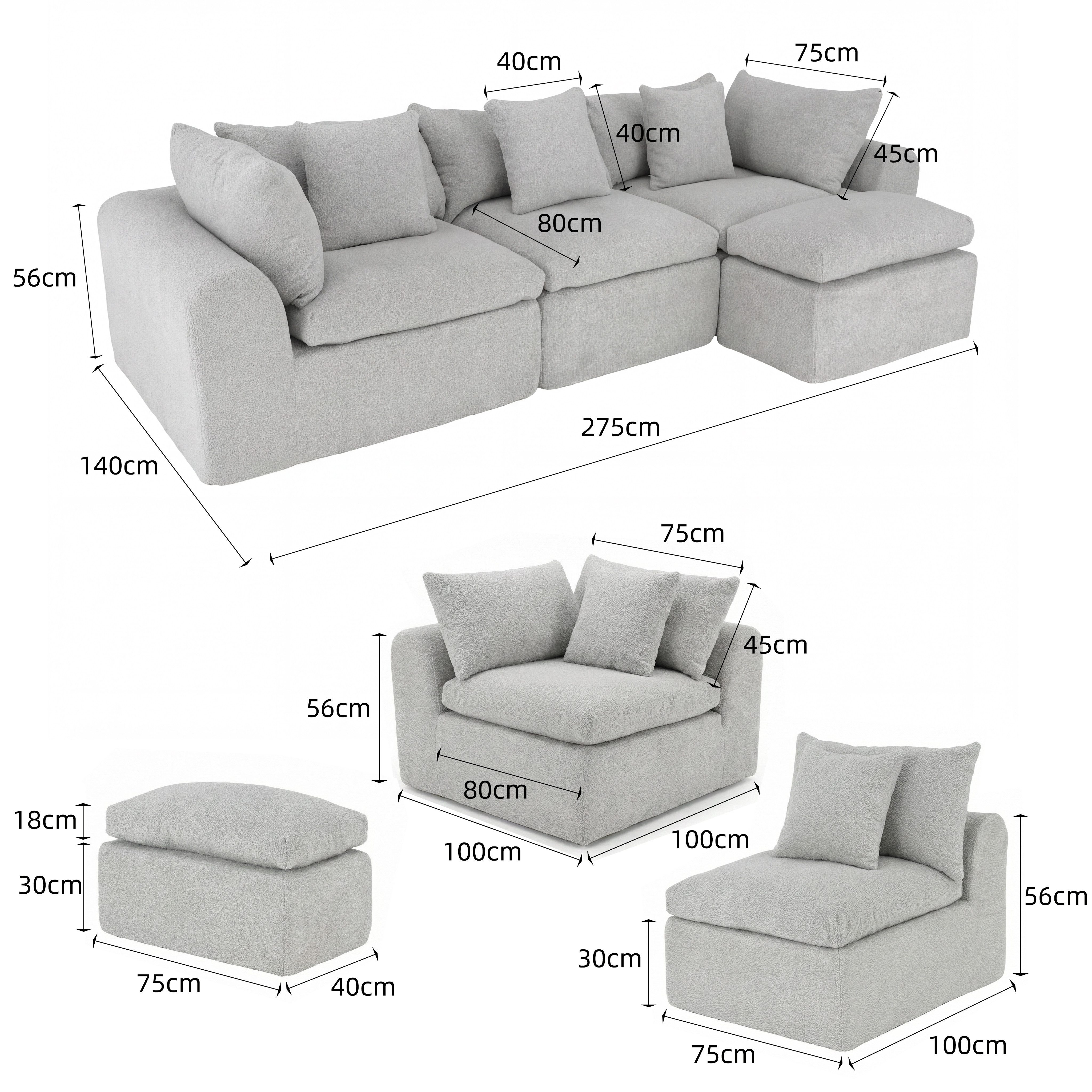 FUFU&GAGA Ecksofa Modulares Wolken-Sofa mit Armlehnen, Bouclé, hellgrau, 275 cm breit – Bild 4 von 5