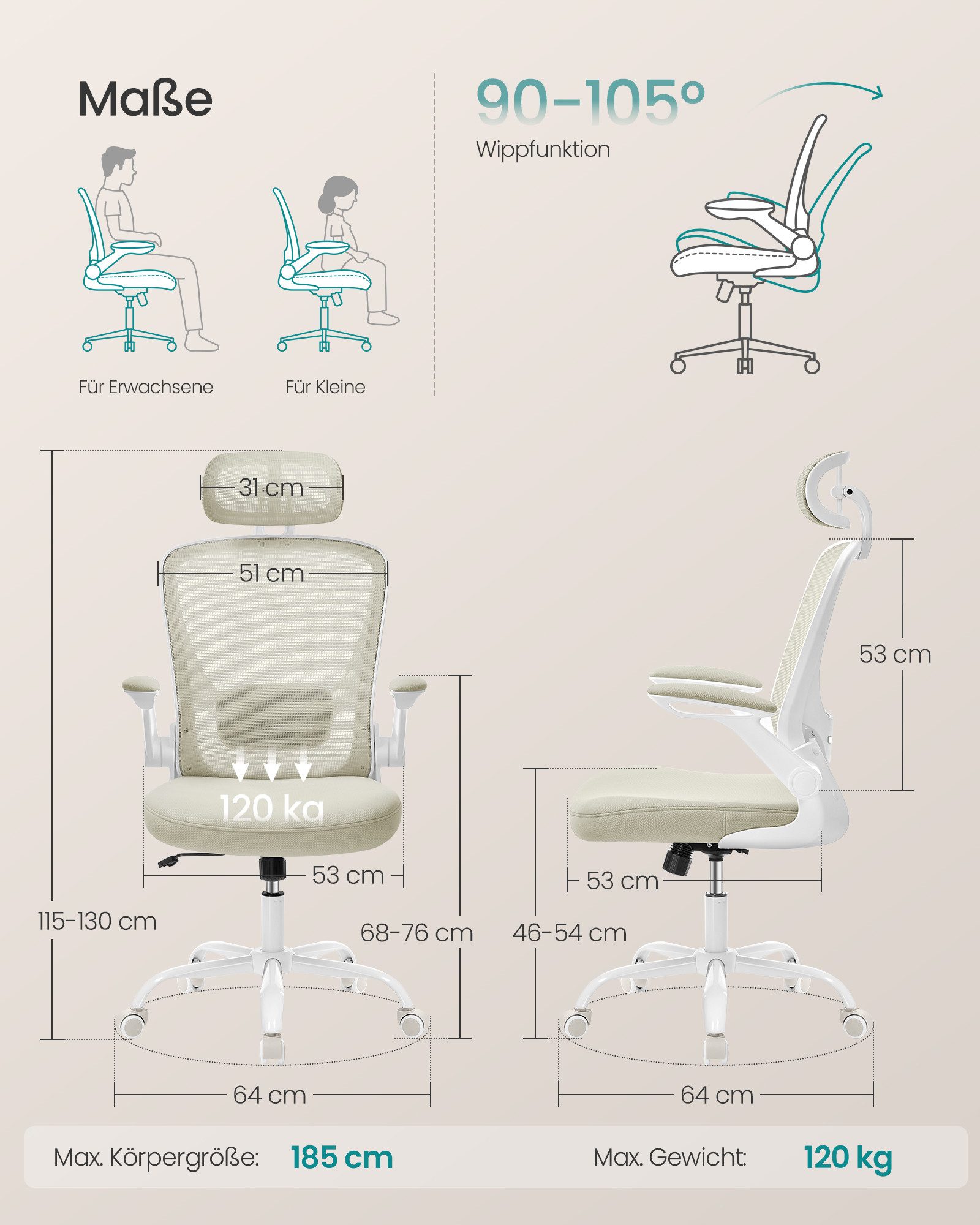 SONGMICS Bürostuhl ergonomischer Drehstuhl mit Mesh, Lendenstütze, Wippfunktion, mit Kopfstütze, 53 cm breite Sitzfläche und klappbaren Armlehnen
