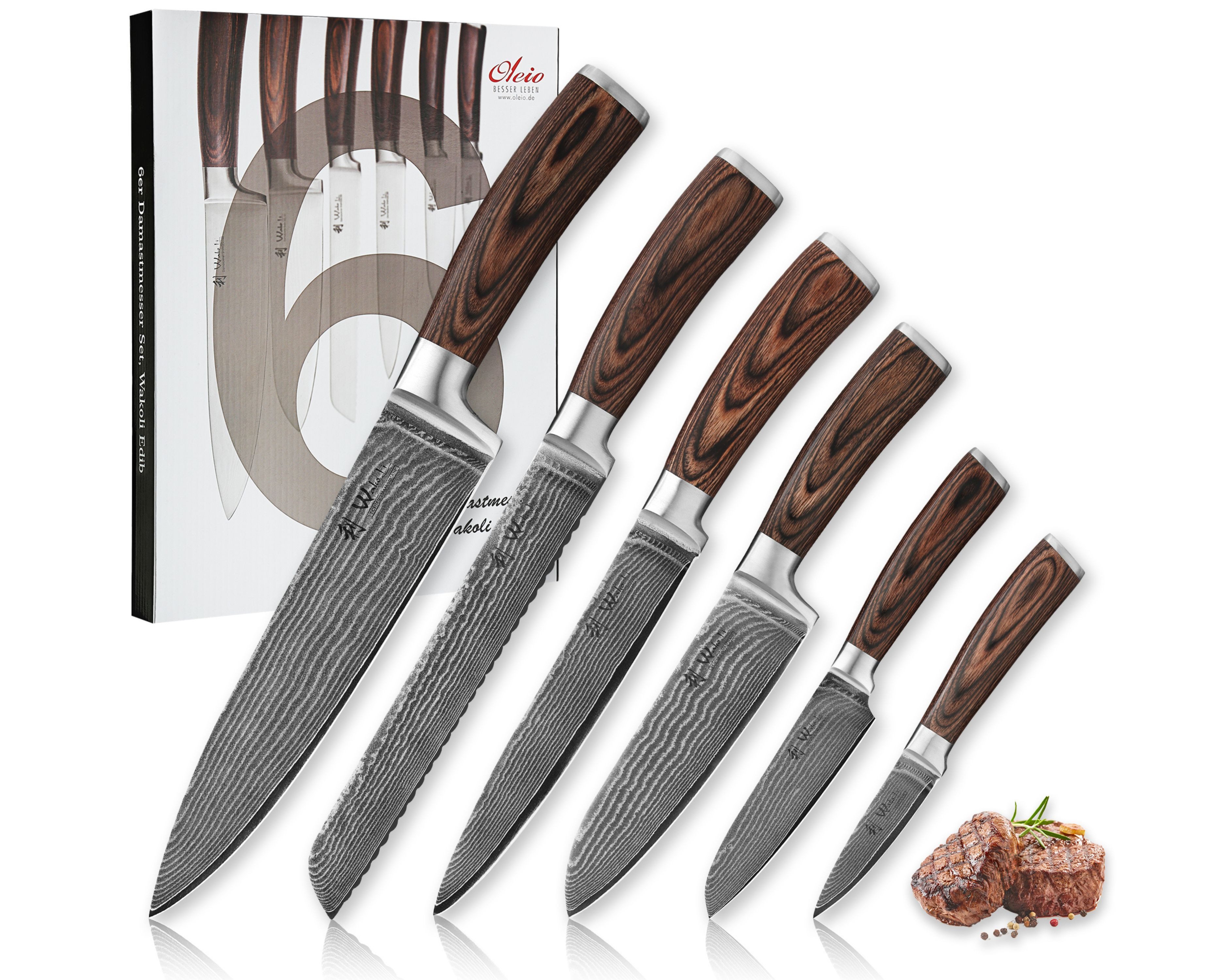 Wakoli Messer-Set Edib 6er Damastmesserset I 8 - 20,5cm Klinge I Pakkaholz