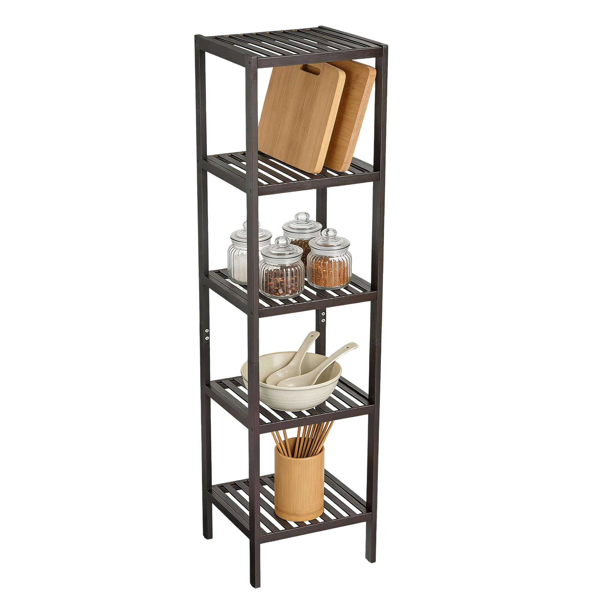 GarveeMore Standregal Bambus-Standregal 5-stufig Schmal Eckregal Naturholz Pflanzen