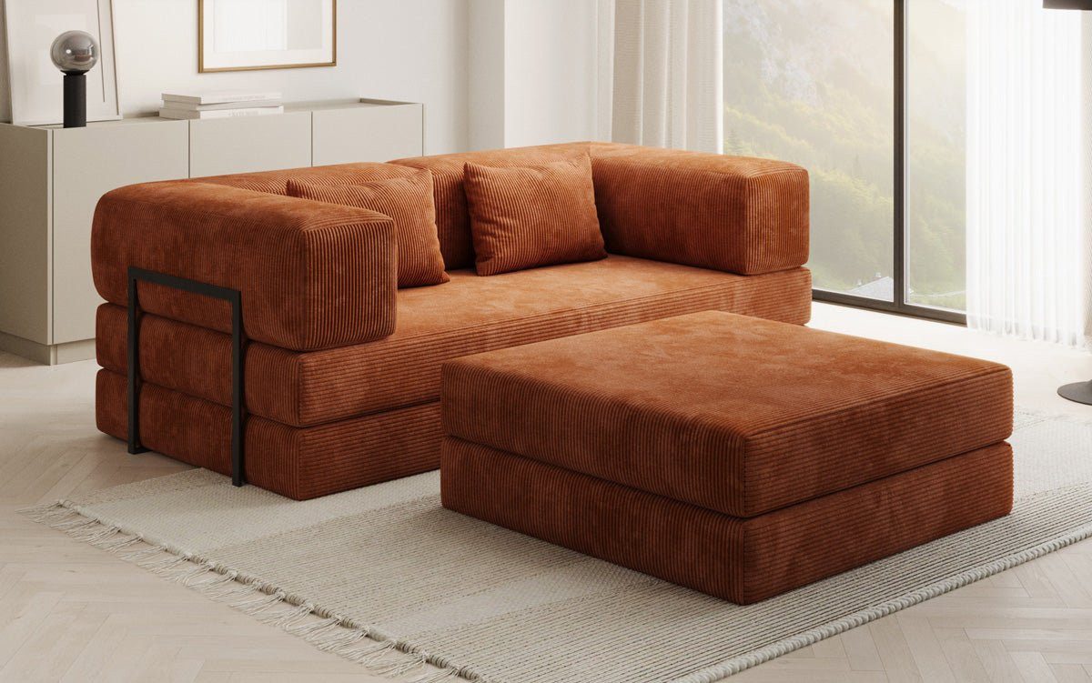 Luxusbetten24 Schlafsofa Lazy Spar-Set: 3-Sitzer in Cord + Hocker, mit umklappbarer Polsterfläche