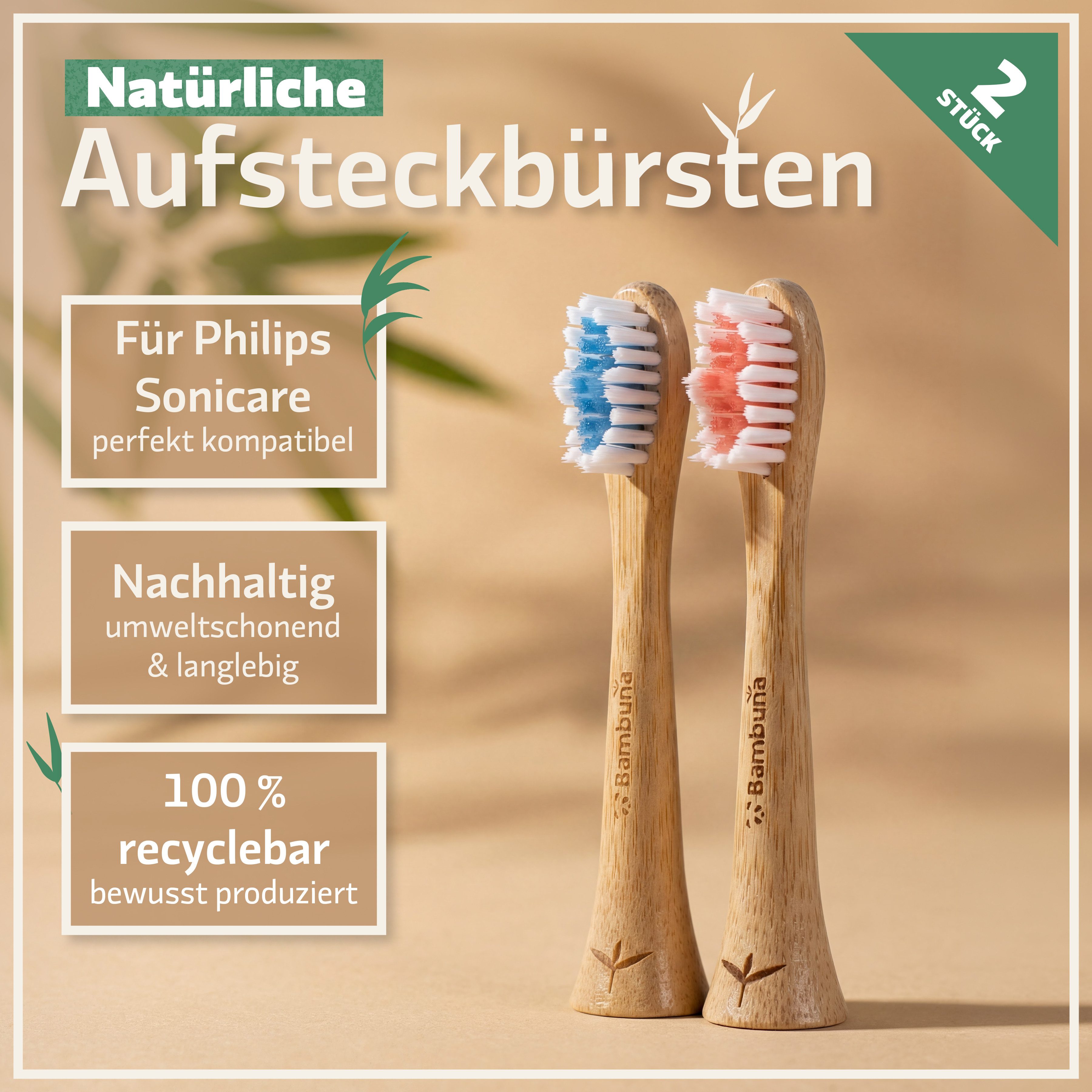 Bambuna Aufsteckbürsten Sonicare Ersatzbürsten aus Bambus, passend für Philips Sonicare Schallzahnbürste - plastikfrei & biologisch abbaubar, Spar-Set, B2 Optimal White mit Tripleclean-Borstenprofil - Mittelweiche Borsten