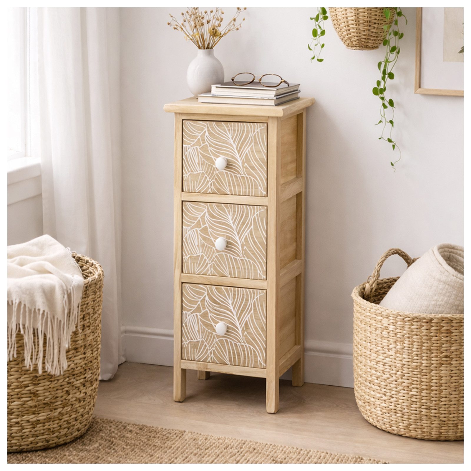 HTI-Living Kommode Kommode Melia schmal 3 Schubladen Blätter-Design Artisaneiche-Weiß (Stück, 1 St., 1 Kommode)