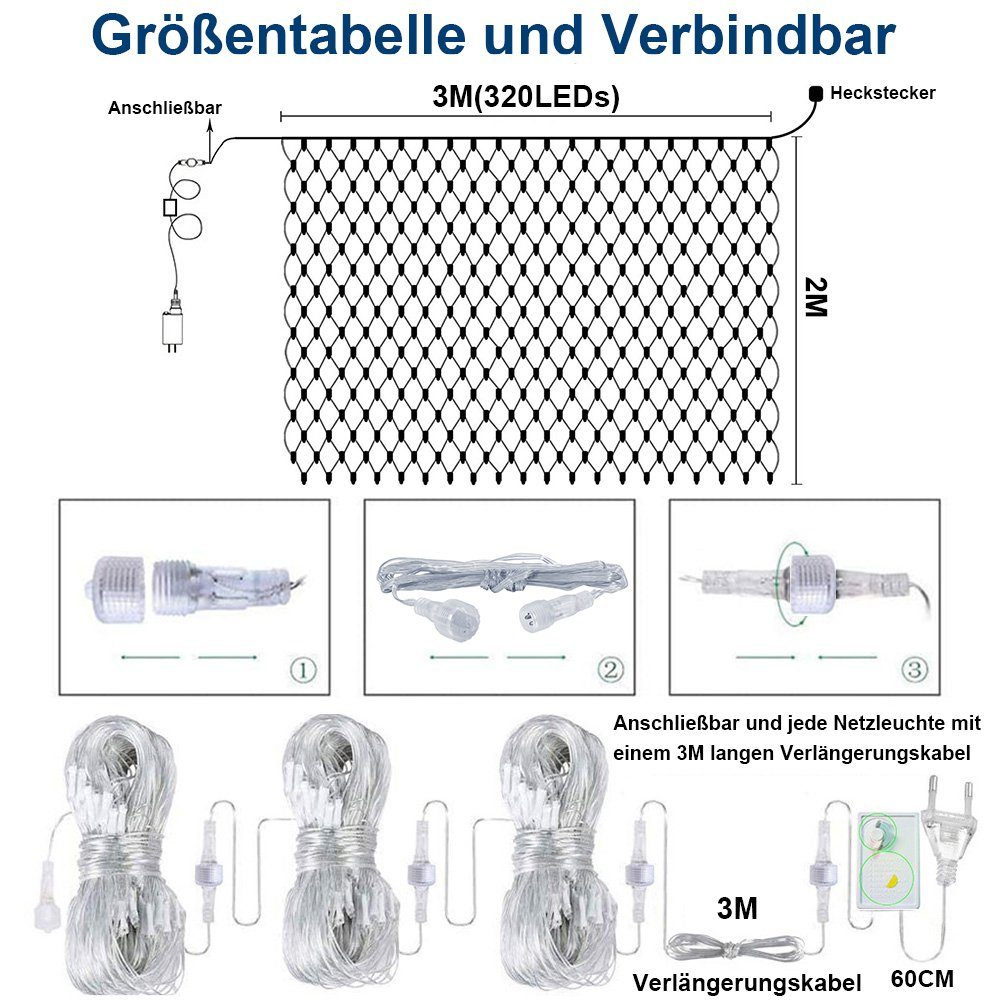 Wasserdicht,für Lichternetz,Lichtervorhang,LED Lichterkette Mehrfarbig Modi,IP44 LED-Lichterkette Außen Laybasic Netz, und Innen 8 LED