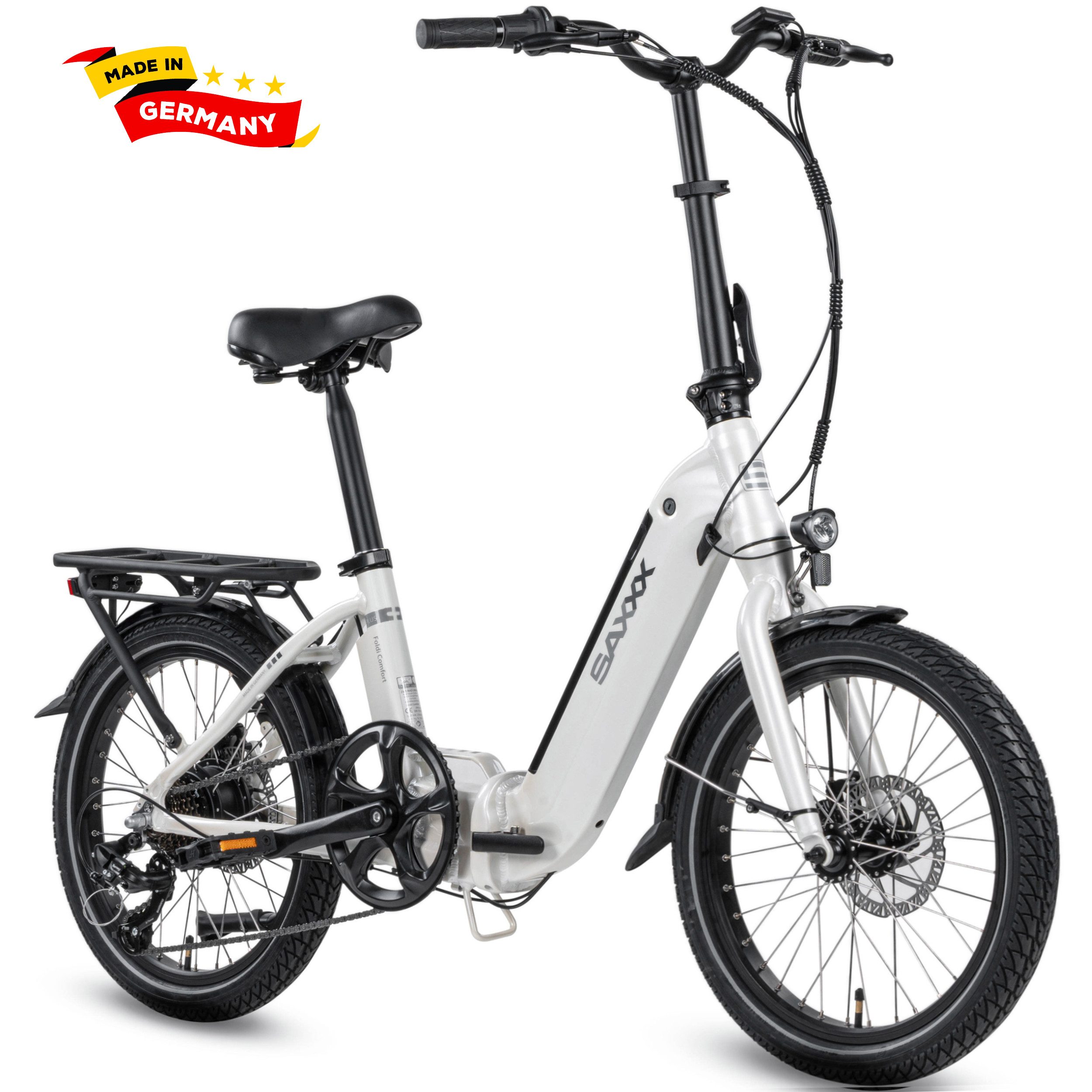 SAXXX E-Bike Klapprad 20 x 2,3 Zoll, 410Wh, max.100 km, 24 kg - für Damen & Herren, 7 Gang Nexus Schaltwerk, Kettenschaltung, Heckmotor, 410 Wh, (abnehmbarer Akku, mit Gepäckträger, 95 % vormontiert), E-Faltrad mit Tiefeinstieg, RH 33 cm, bis 130 kg – City-Pedelec