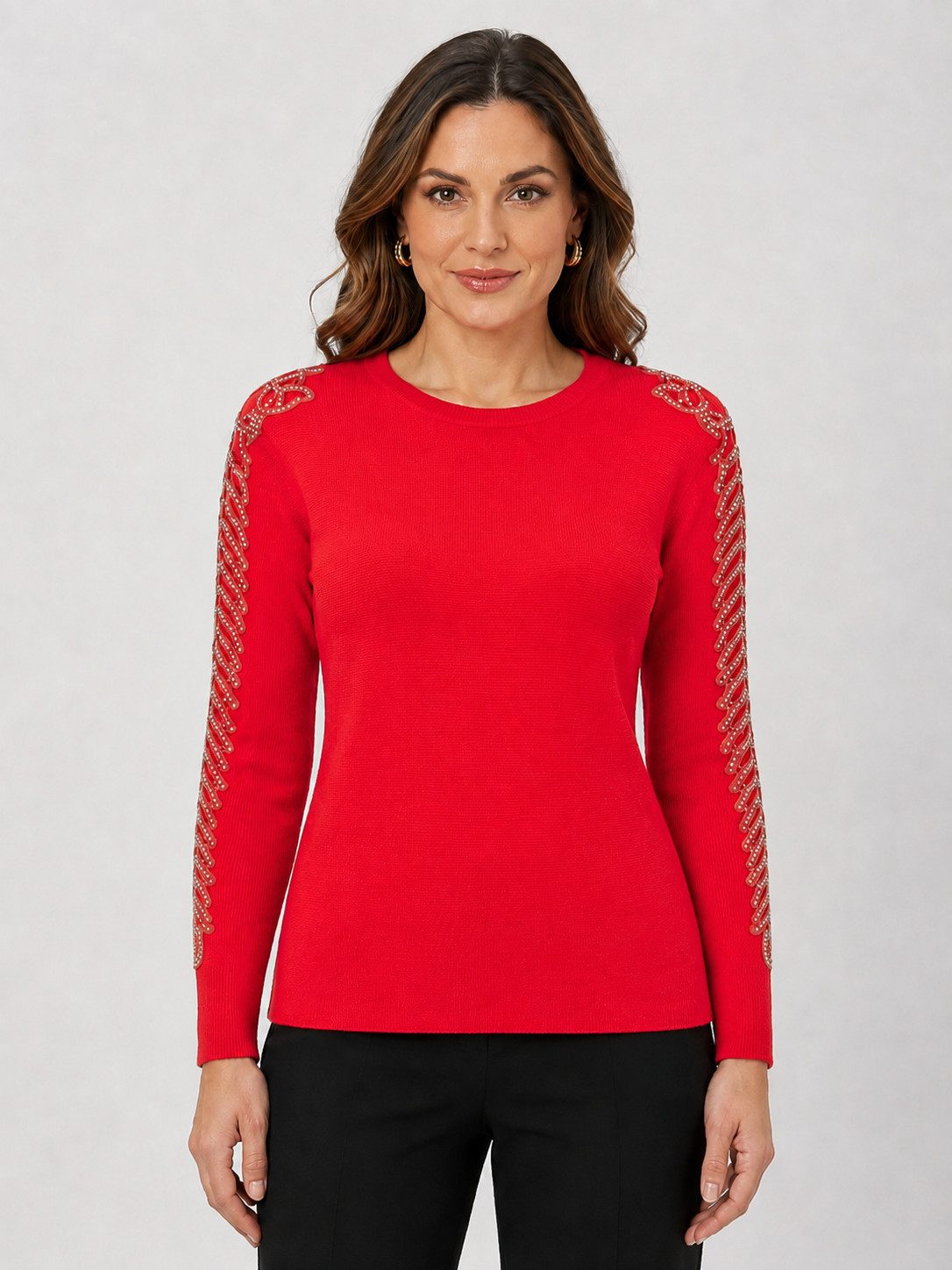 Passioni Strickpullover mit offenen gerippten Ärmeln und Glitzersteinen