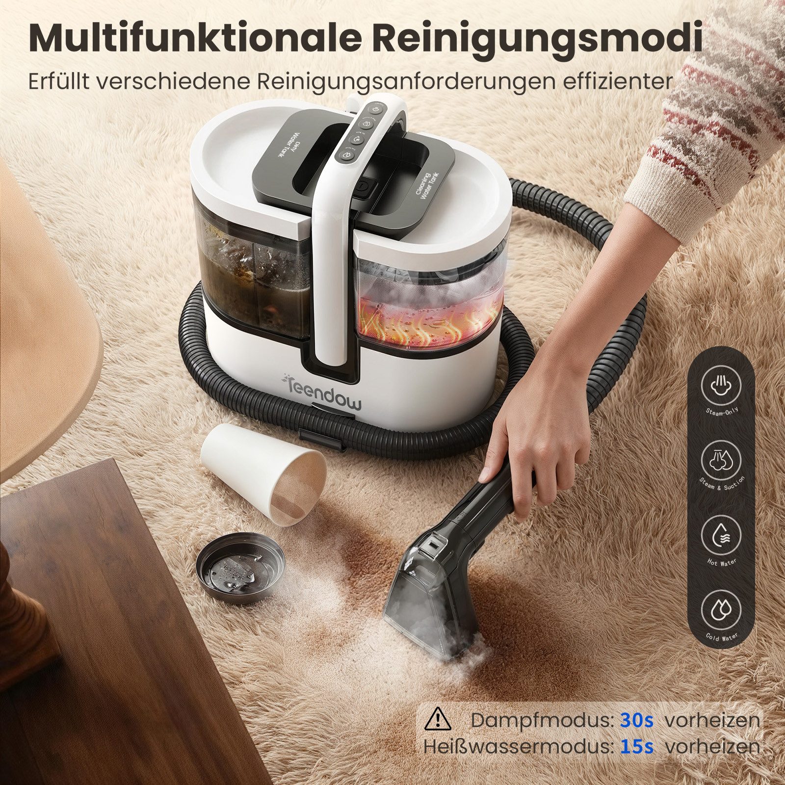 Teendow Wasch-Sauger C7MAX Waschsauger mit Dampf Nasssauger Polsterreiniger Teppichreiniger, 1800 W, Wassertank, Dampf >100°C, 30 Sek. Aufheizung, 18 kPa, 1,6L+1,5L Tanks