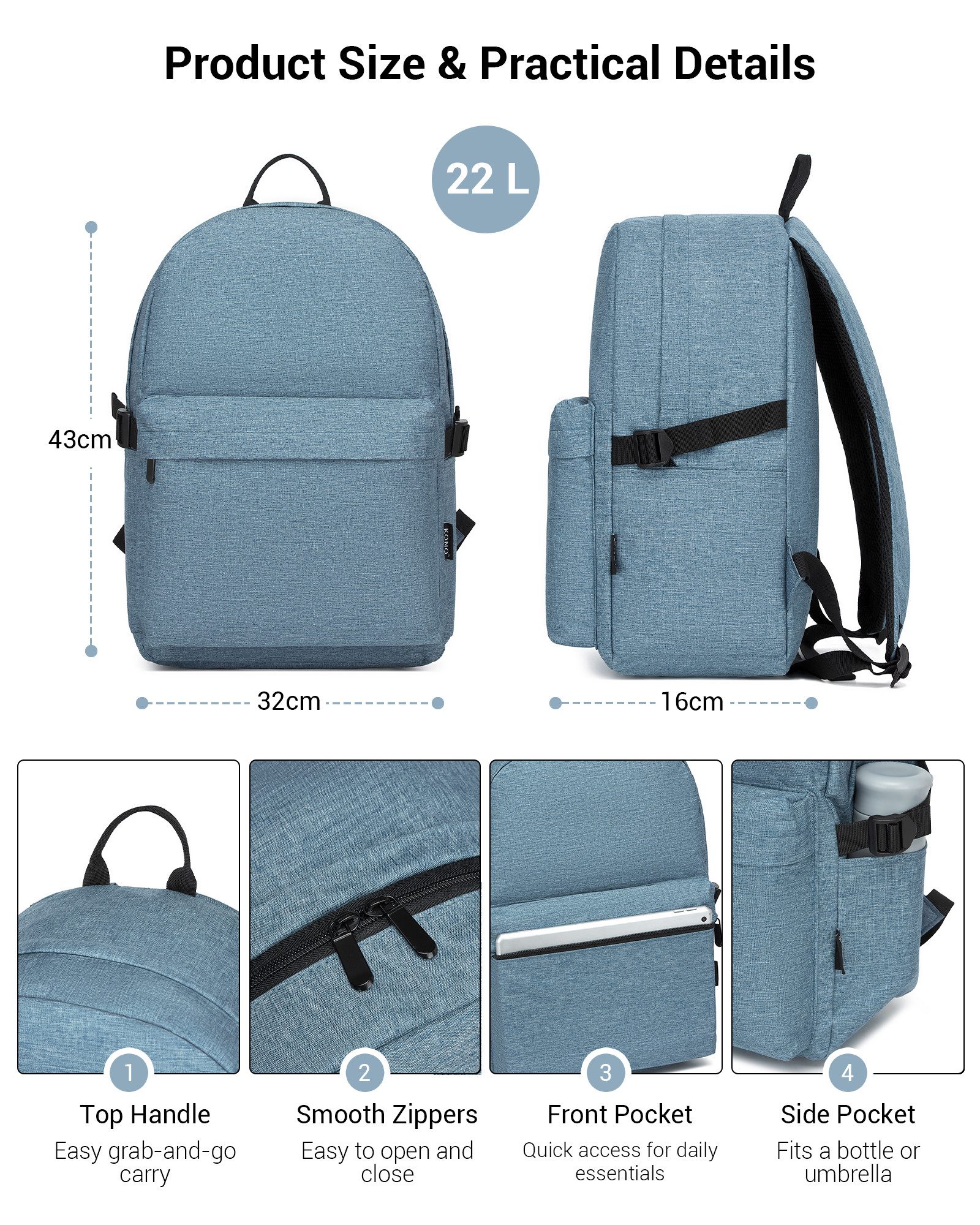 KONO Rucksack Schulrucksack, leichte Tasche für Jungen und Mädchen, 15,4 Zoll Laptop