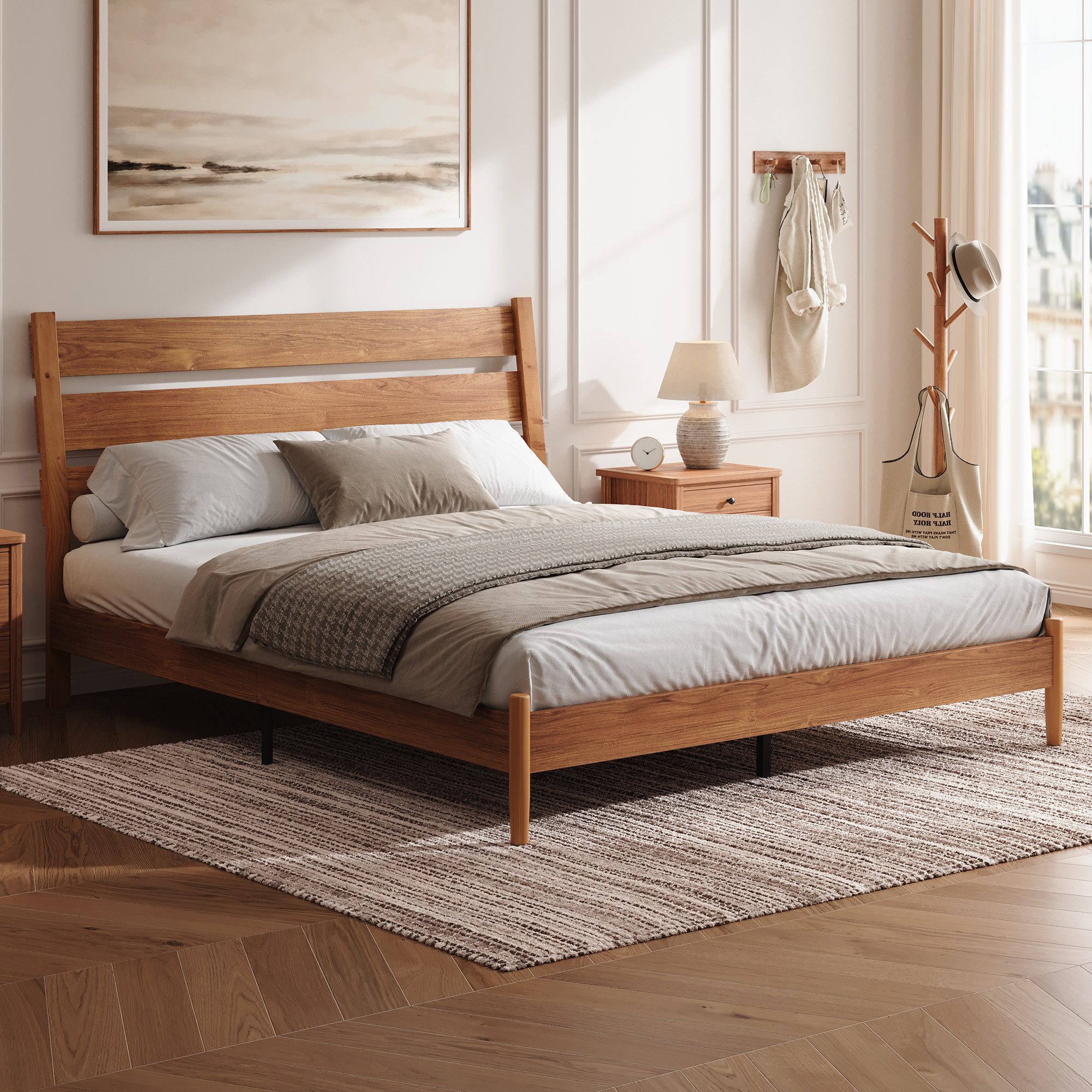AMERLIFE Bett Holzdekor mit Massivholzbeinen, (1-tlg), geräuscharm, einfache Montage, bodenfrei, Gelbbraun, 140x200cm