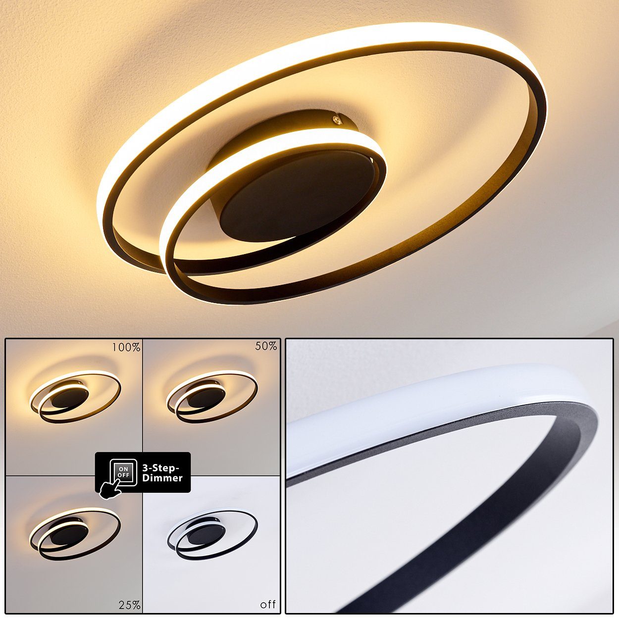 hofstein Deckenleuchte »Apagni« dimmbare Deckenlampe aus Metall in Schwarz/Weiß, 3000 Kelvin, 2200 Lumen, dimmbar über Lichtschalter, mit tollem Lichteffekt
