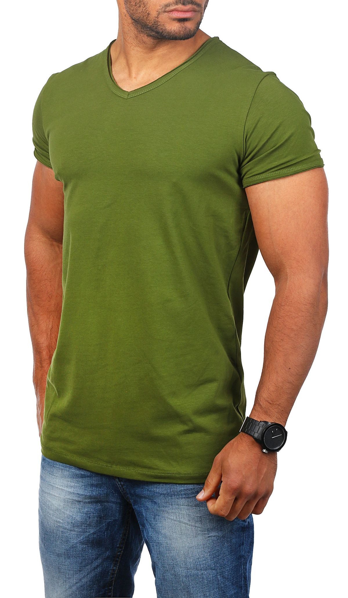 CARISMA T-Shirt Herren Uni Basic 4066 tief-breit geschnittener Ausschnitt vintage Look V-Ausschnitt unifarben kurzarm slim fit