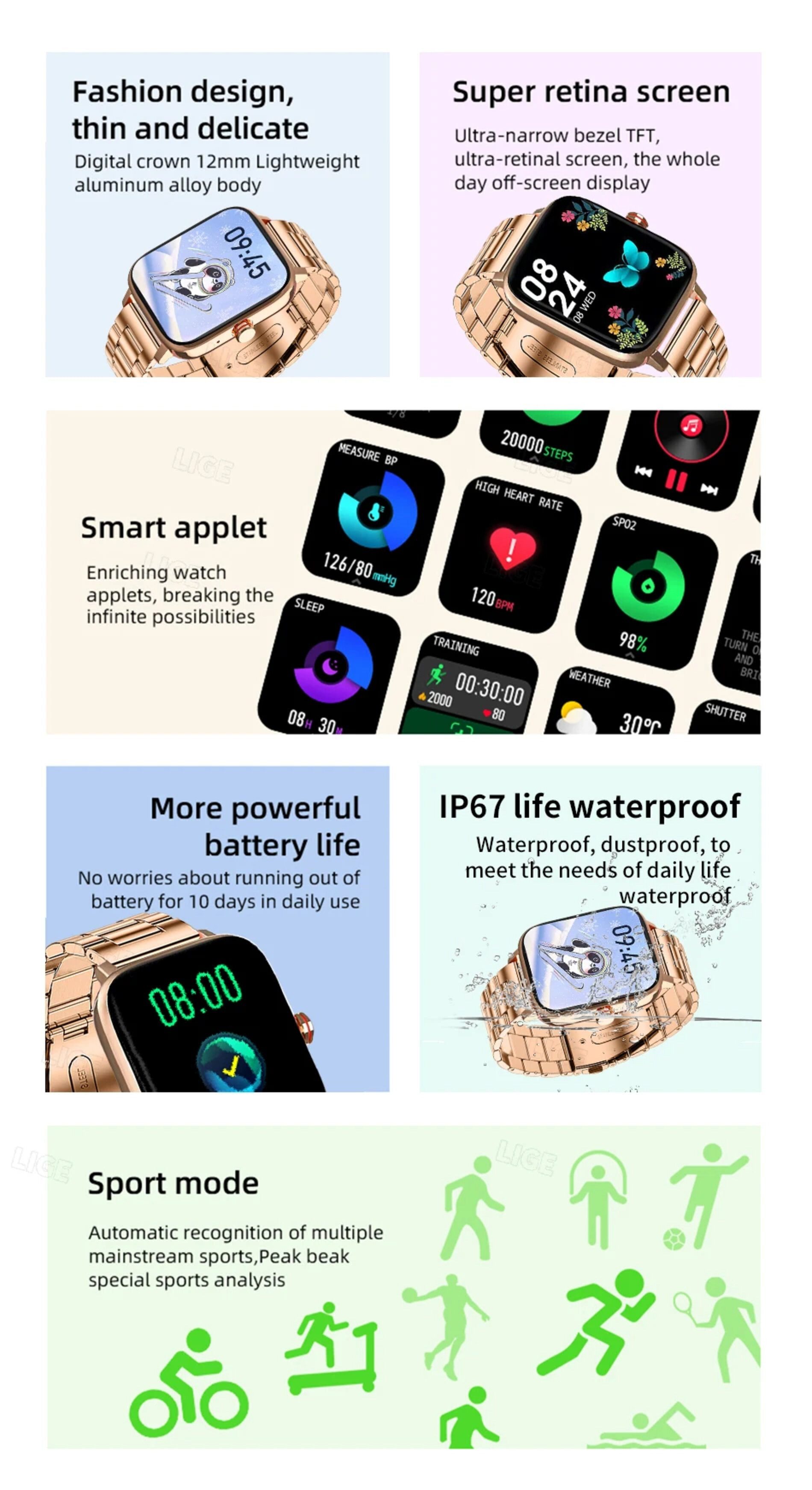 Nagham Ghazal Aswad Smartwatch benutzer definierte Zifferblatt Bluetooth-Uhren Full-Touch Smartwatch (1.69 Zoll)