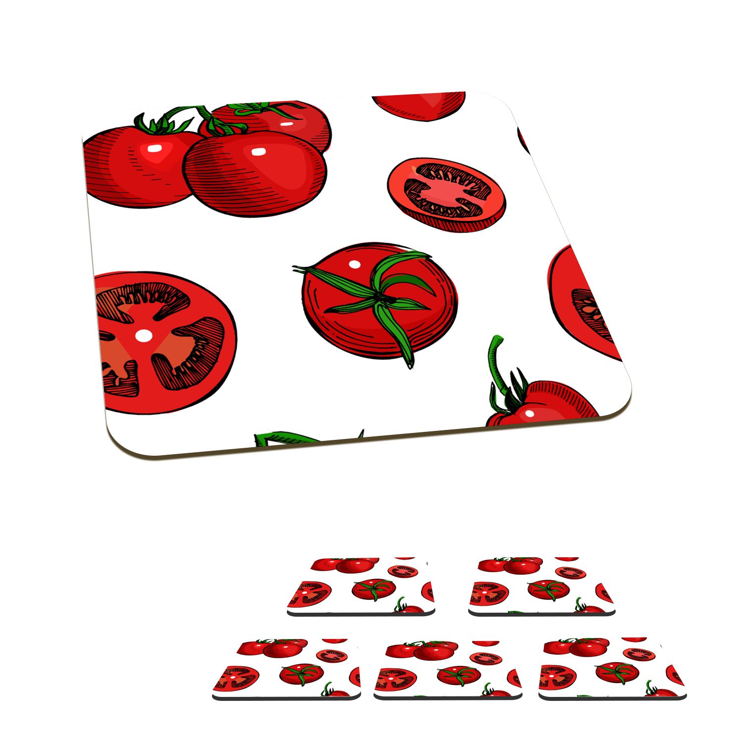 MuchoWow Glasuntersetzer Rot - Muster - Tomaten, Zubehör für Gläser, 6-tlg., Glasuntersetzer, Tischuntersetzer, Korkuntersetzer, Untersetzer, Tasse