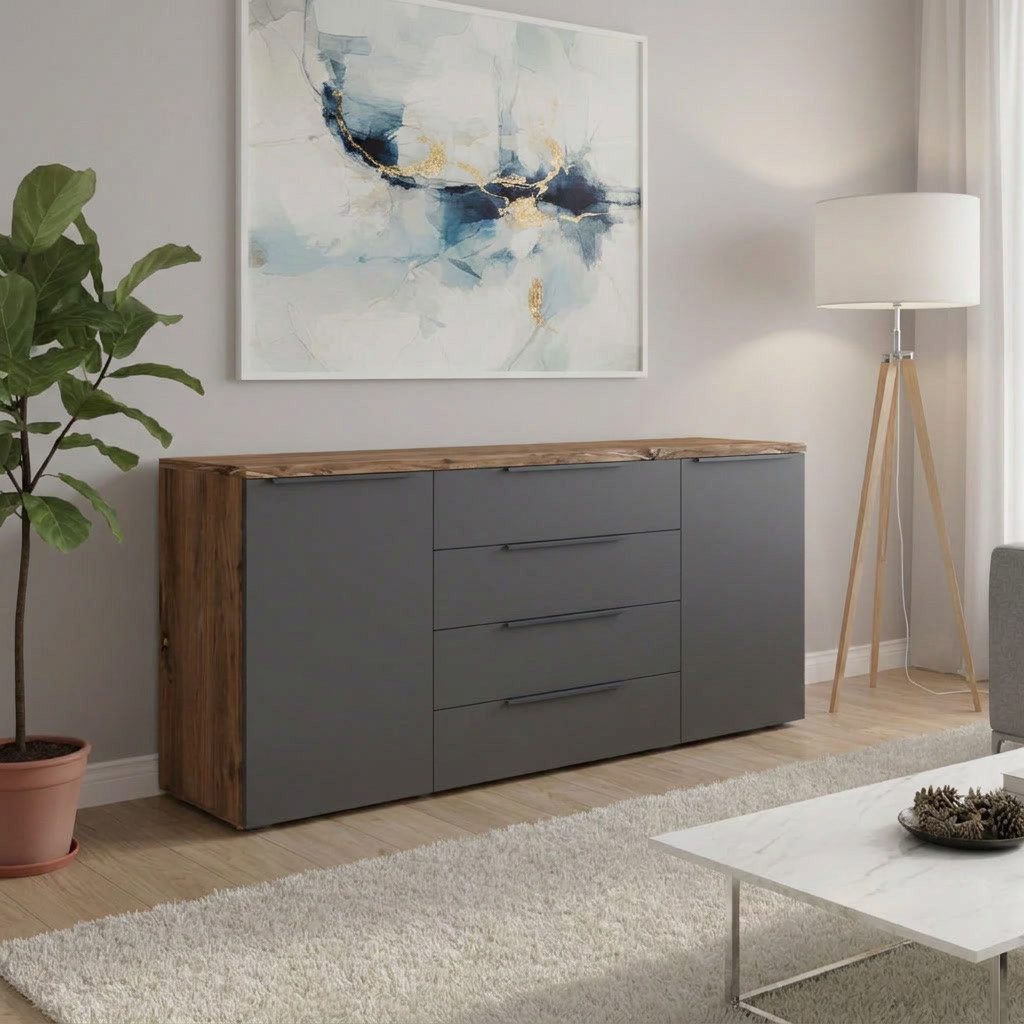 borchardt Möbel Sideboard Tom, moderne Kommode mit dunklen Metallgriffen, 166cm, 2 Türen 4 Schubfächer, variable Einlegeböden, viel Stauraum