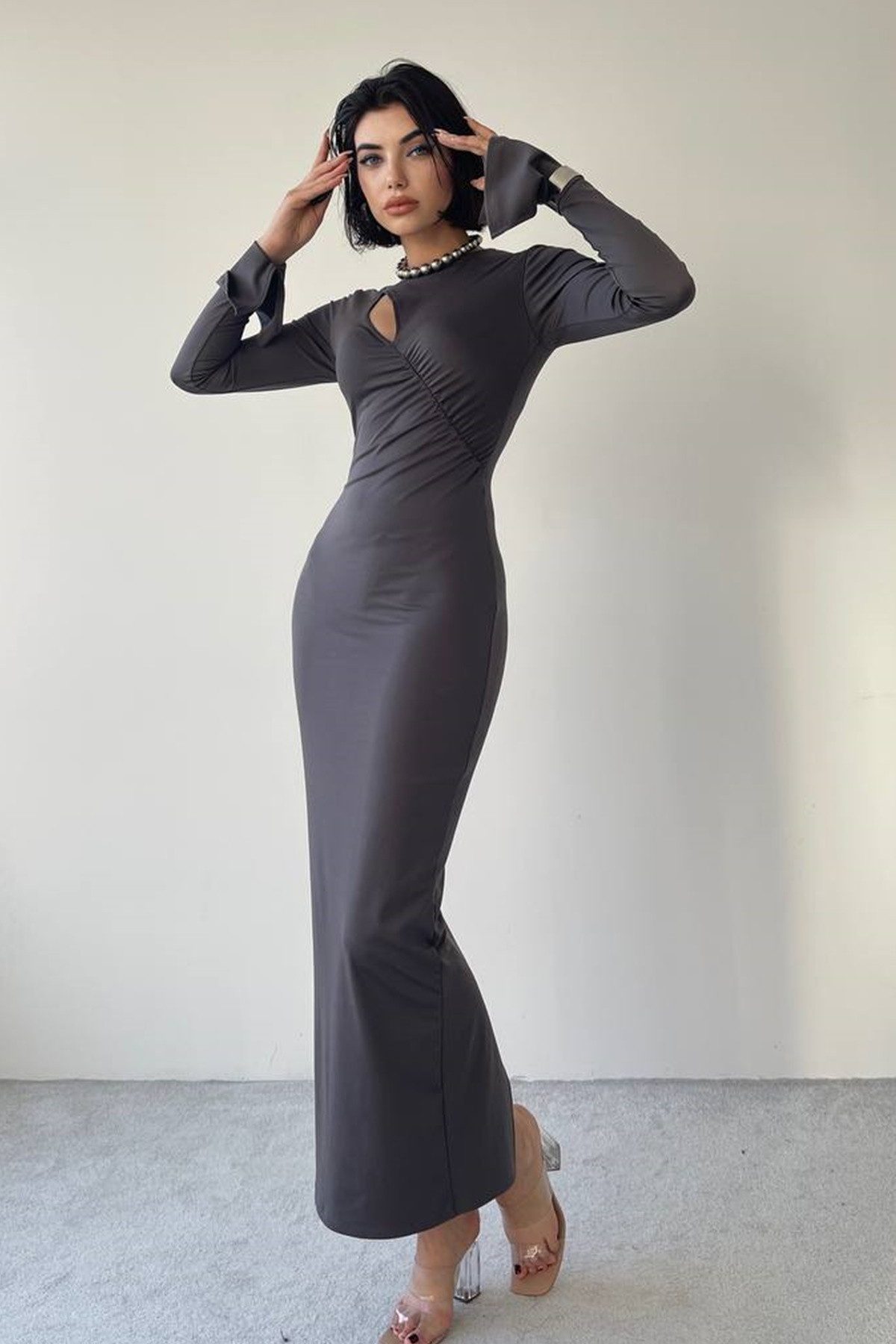 WOMAN VISION Abendkleid Damen Smoky Flexibles Sandy Stoff Maxikleid mit tiefem Ausschnitt und