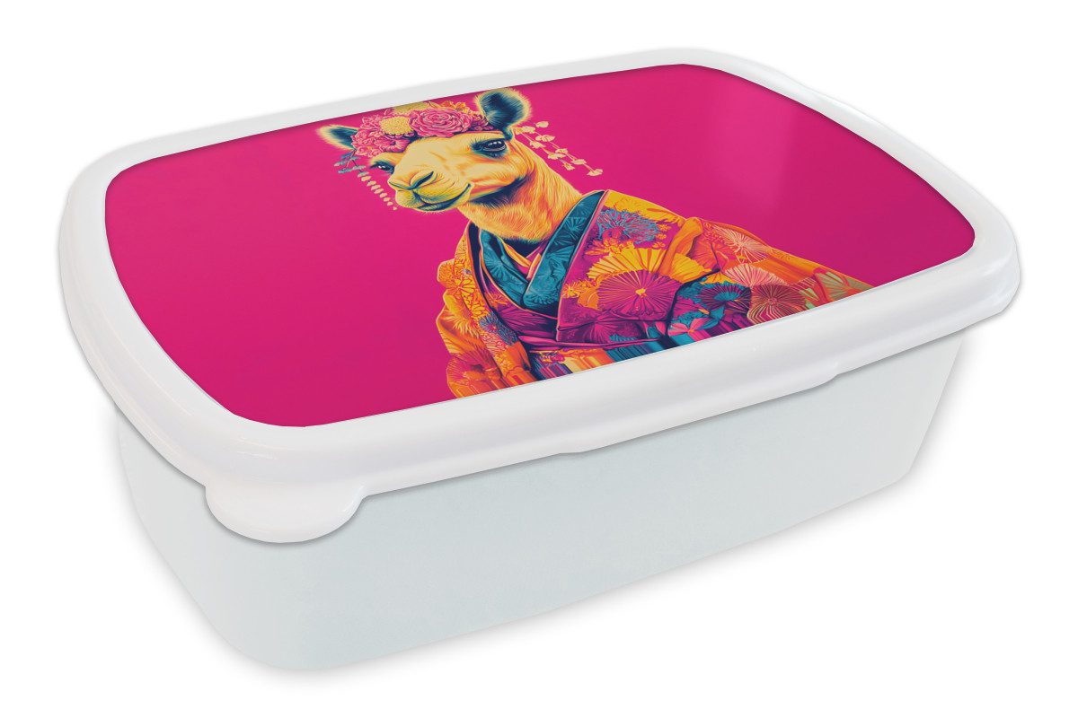 MuchoWow Lunchbox Kamel - Blumen - Kimono - Fächer, Kunststoff, (2-tlg), Brotdose Schule oder Arbeit, Brotbox für Kinder und Erwachsene