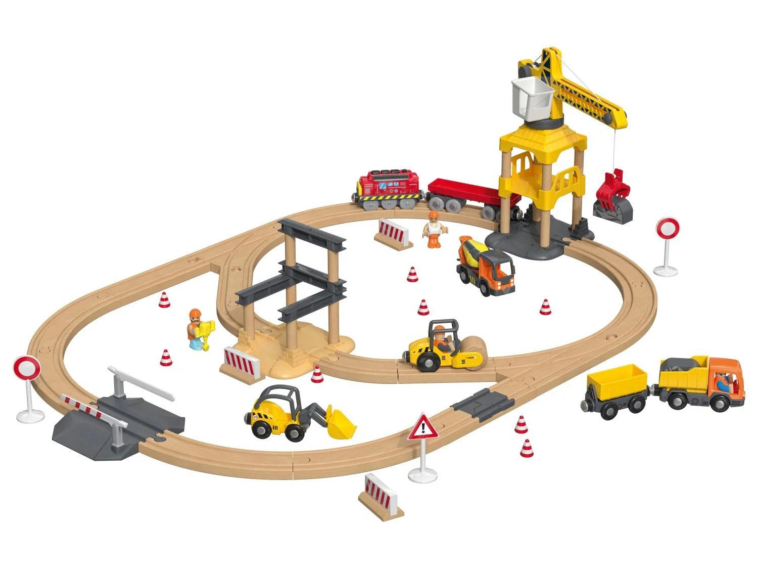 lupilu Spielzeug-Eisenbahn Eisenbahn Holz Spielzeug Licht- & Soundeffekt Baustelle, (Spielset, 59-tlg., 59-teiliges Baustellen-Spielset), Motorzug – Baustellen-Abenteuer