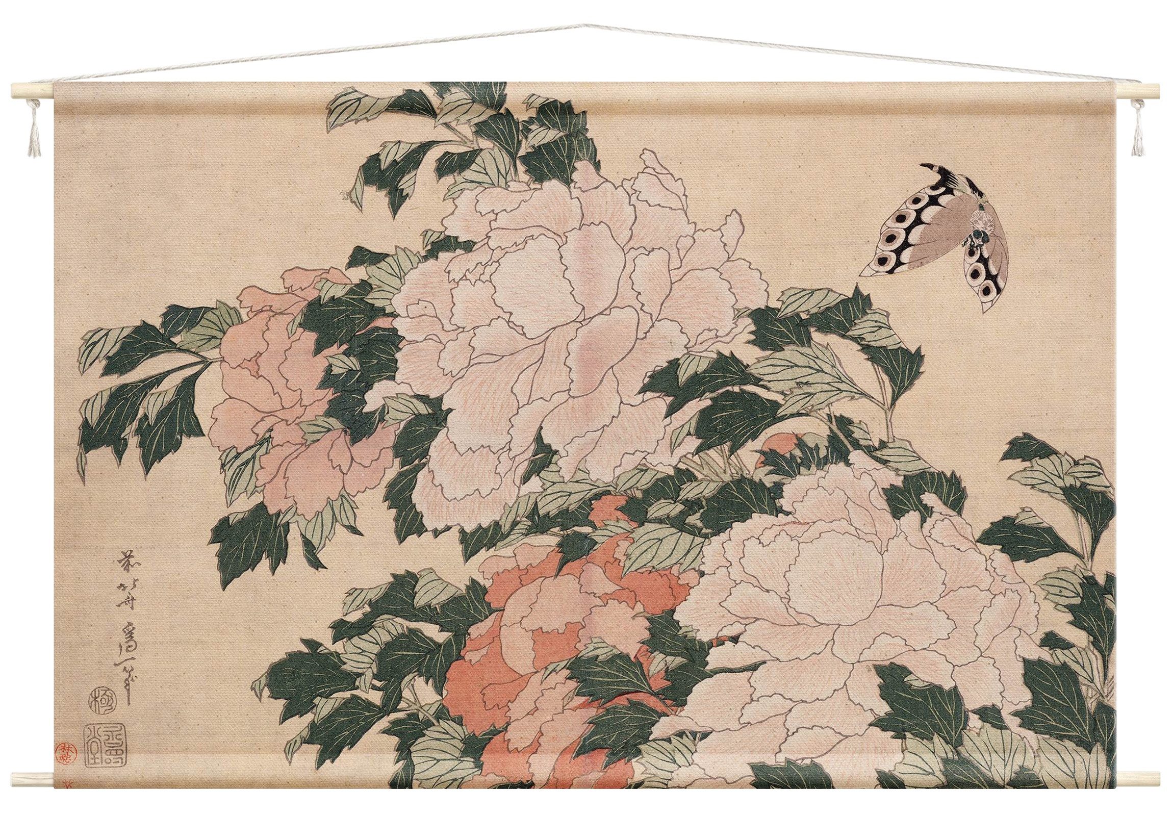 Bilderdepot24 Wandteppich Katsushika Hokusai Blumen Tiere Schmetterlinge rosa, rechteckig, Höhe: 2.6 mm, großes Wandbild aus Natur-Baumwolle Wandbehang Stoffbild Tuch Wollseil