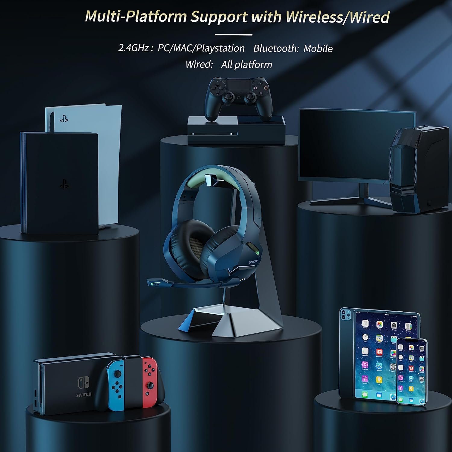 für Playstation, Bluetooth Gaming-Headset PS4 PC Bluetooth, mit Headset High-Fidelity-Sound, Mikrofon Wireless kabellose 2,4-GHz-Latenz (Niedrige BINNUNE Gaming) für