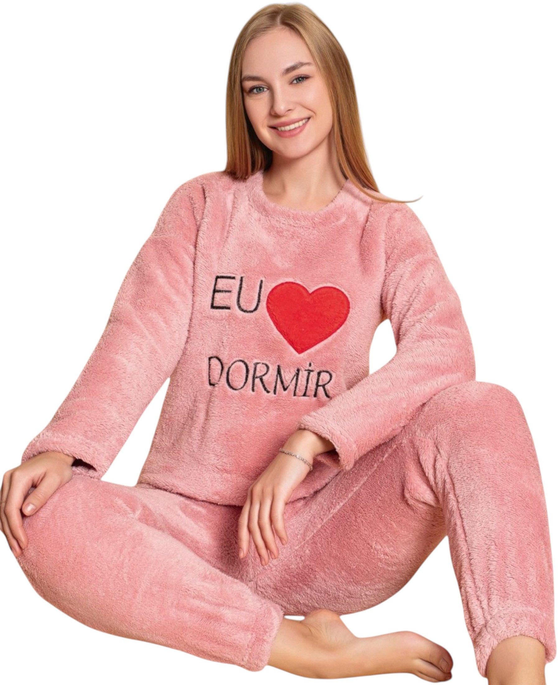 fashionshowcase Hausanzug Damen Winter Pyjama Set Schlafanzug Plüsch Zweiteiler weich
