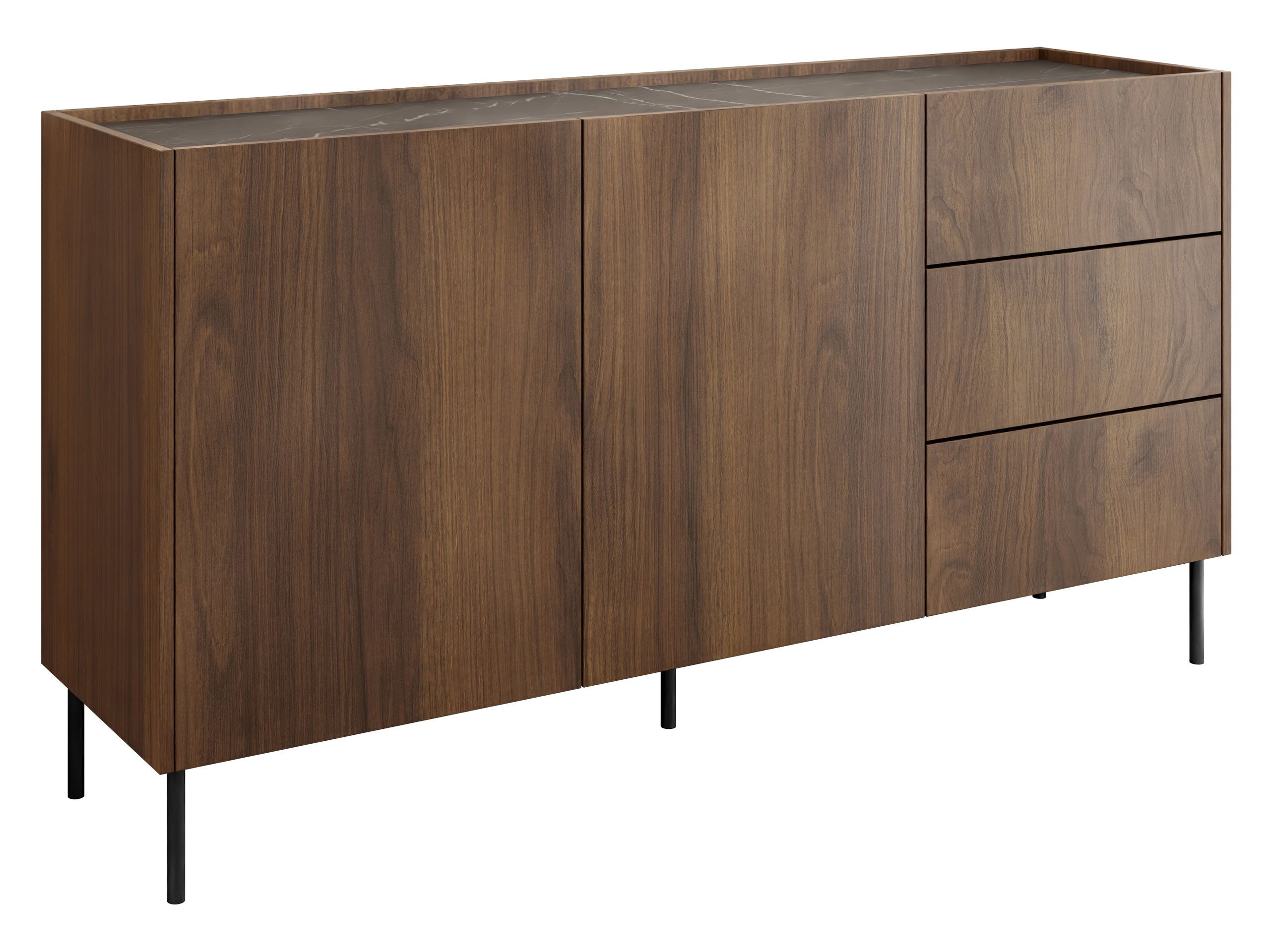 MIRJAN24 Kommode Tewos K160 3SZ (mit zwei Drehtüren und drei Schubladen), Schwarze Metallfüße