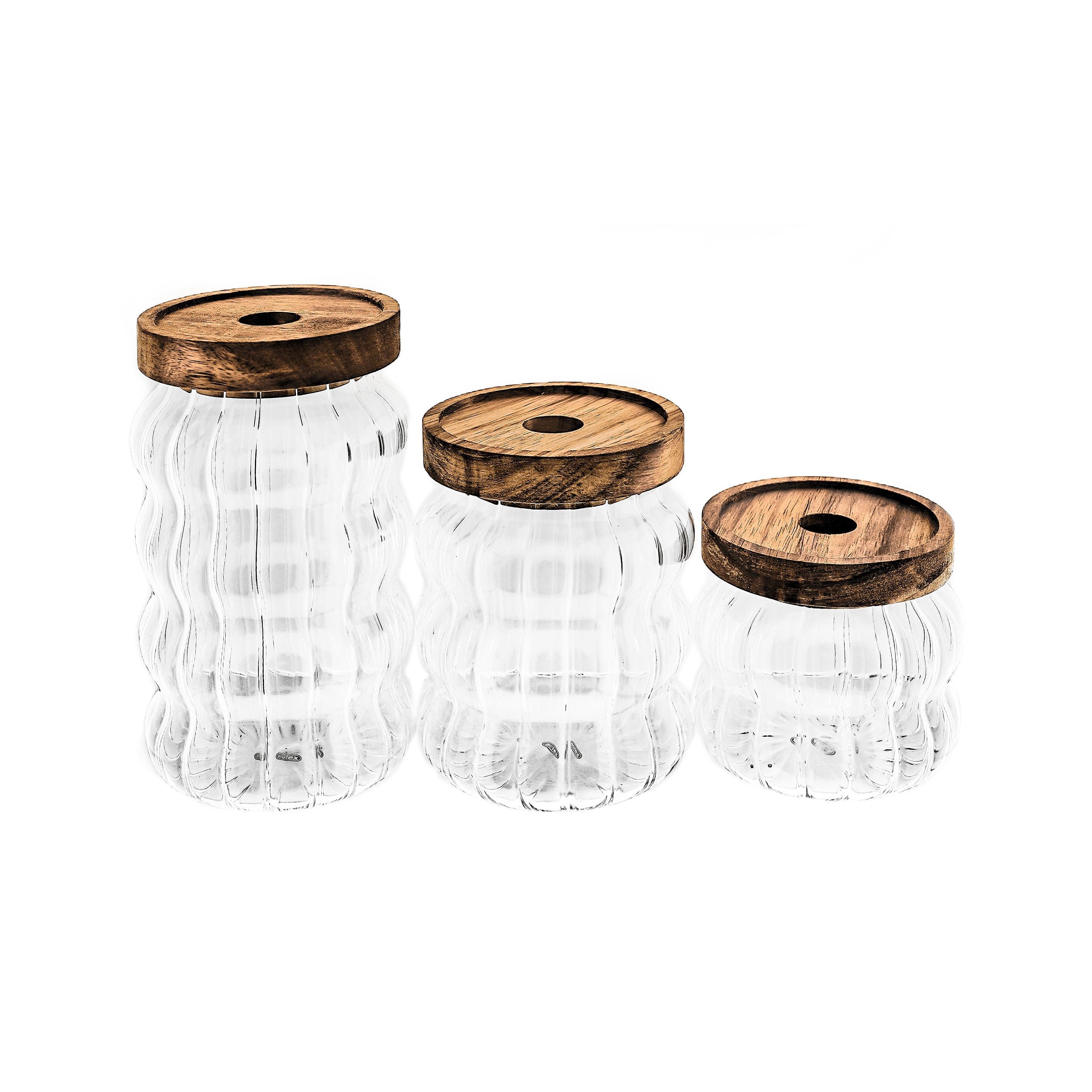 Mulex Vorratsglas 3erSet mit luftdichtem Holzdeckel aus Borosilikatglas Wave-Style