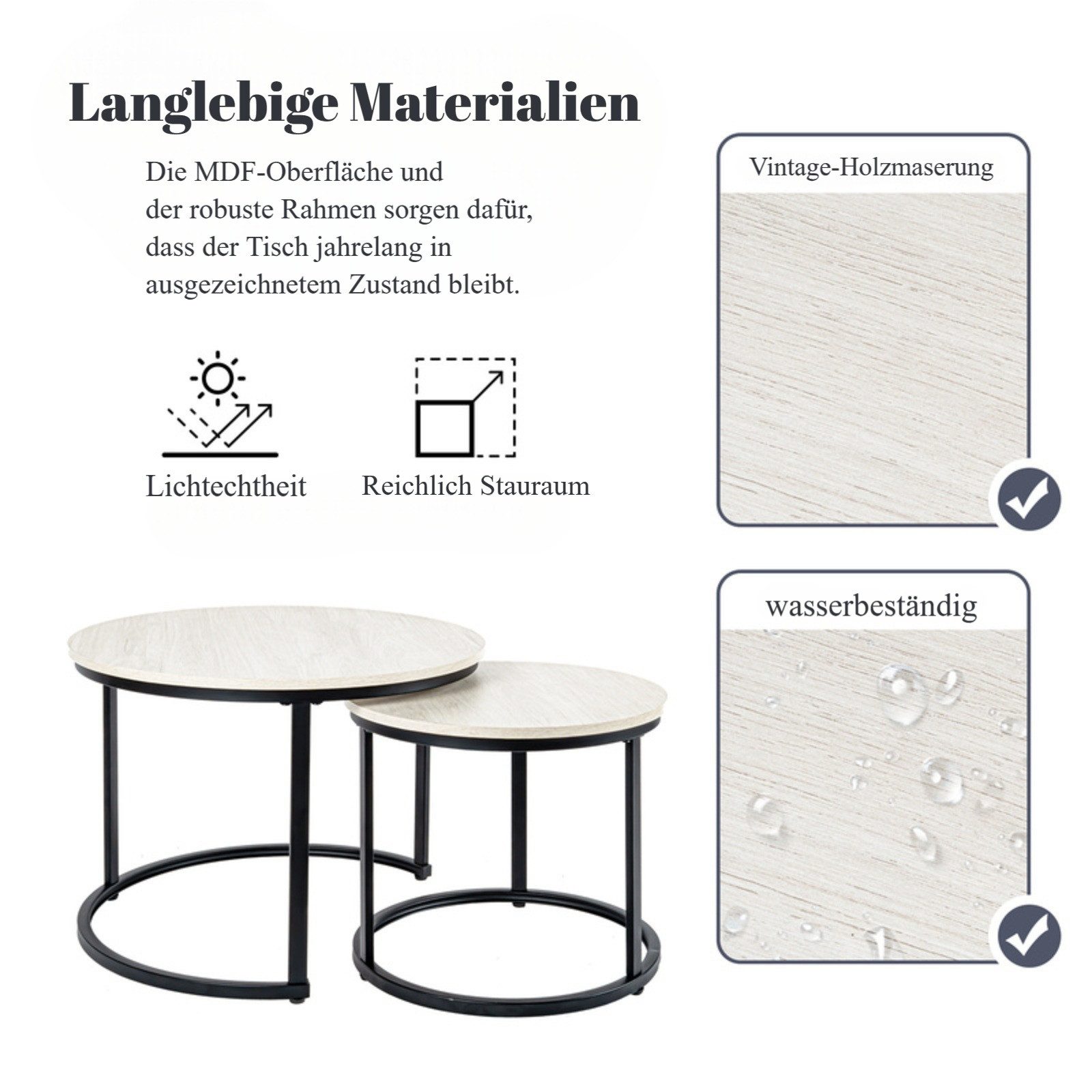 HawthyHome Couchtisch 2er-Set runde Beistelltische aus Holz & Metall (2-St), Moderne Kaffeetische für Wohnzimmer Schlafzimmer – Bild 5 von 5