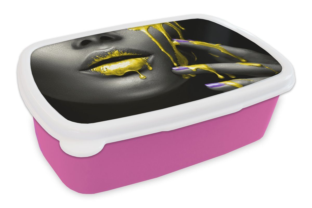 MuchoWow Lunchbox Lippen - Gelb - Schwarz, Kunststoff, (2-tlg), Brotbox für Erwachsene, Brotdose Kinder, Snackbox, Mädchen, Kunststoff rosa