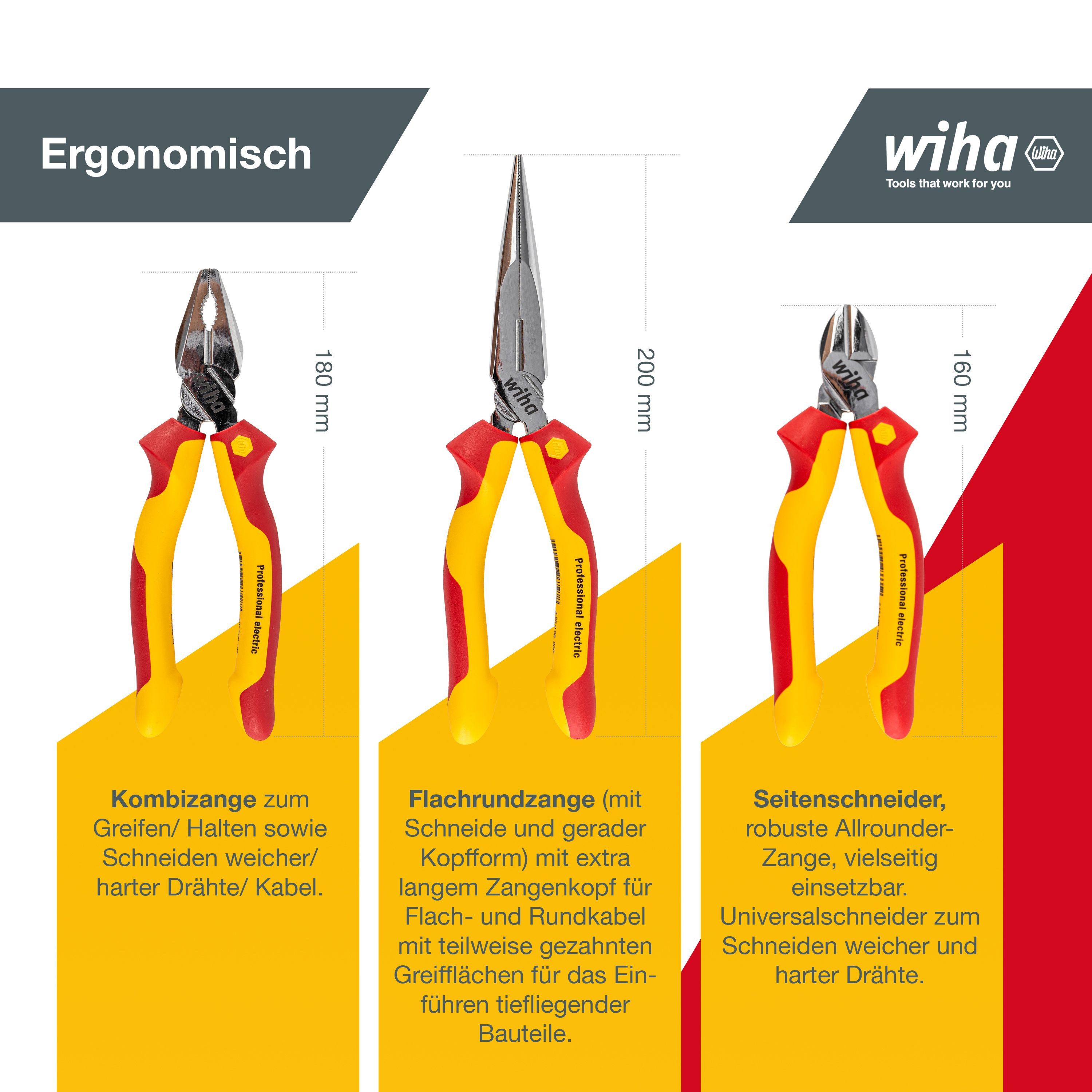Wiha Zangenset Professional electric (26852) - 3 tlg., 3-tlg., Kombizange 180 mm, Flachrundzange 200 mm, Seitenschneider 160 mm, VDE
