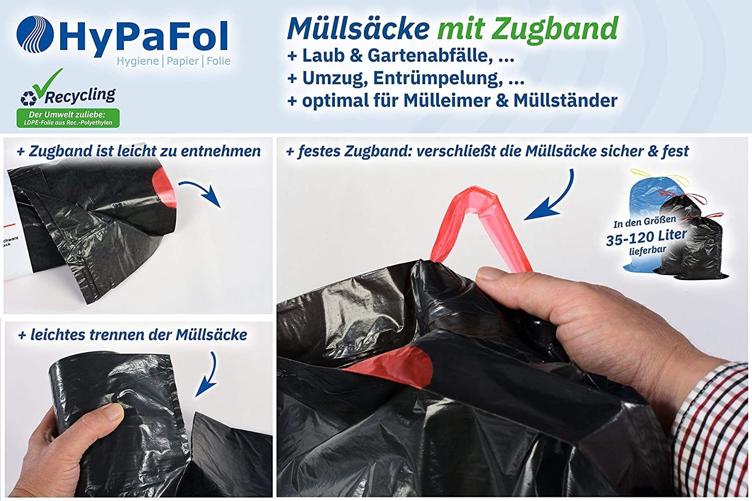 Hypafol Müllbeutel Typ 60 mit Zugband, 35-60 Liter I stabil & gute Reißfestigkeit 5 Stück