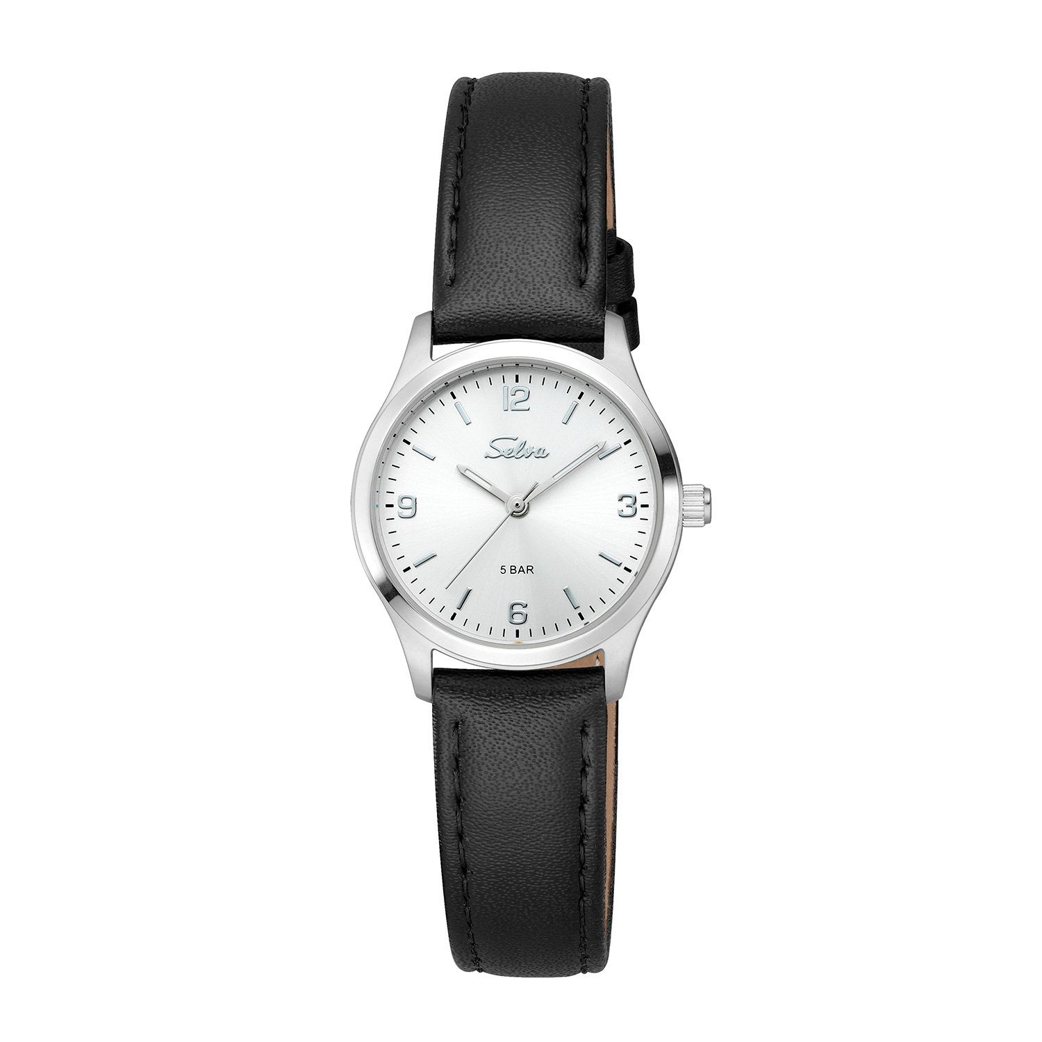 Selva Technik Quarzuhr SELVA Quarz-Armbanduhr mit Lederband Zifferblatt schwarz Ø 27mm Silber