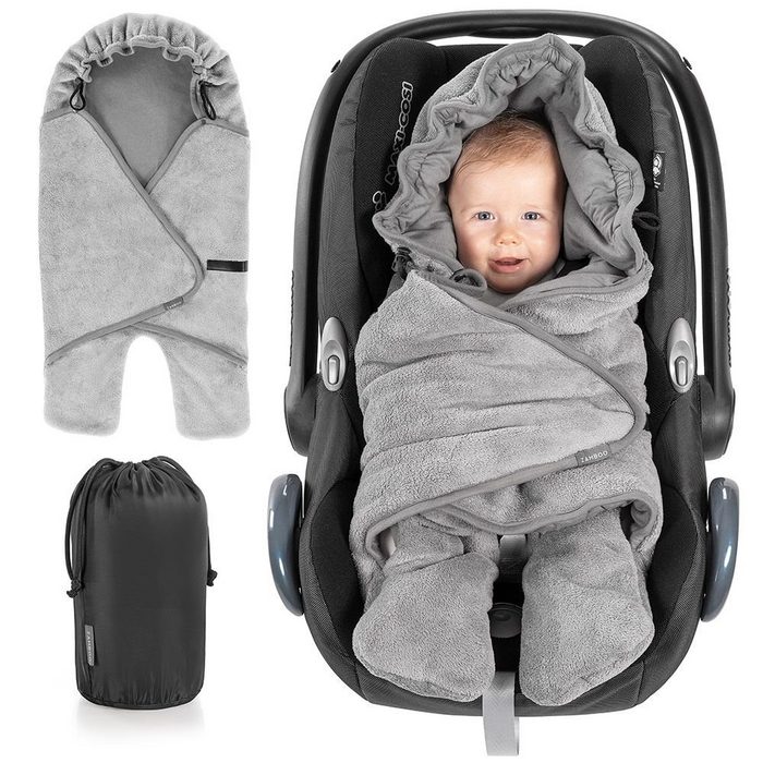 Zamboo Fußsack Grau Baby Einschlagdecke mit Füßen - Somner - leichte Decke für Babyschale / Maxi Cosi Autositze und Kinderwagen Babywanne - mit Kapuze und Tasche