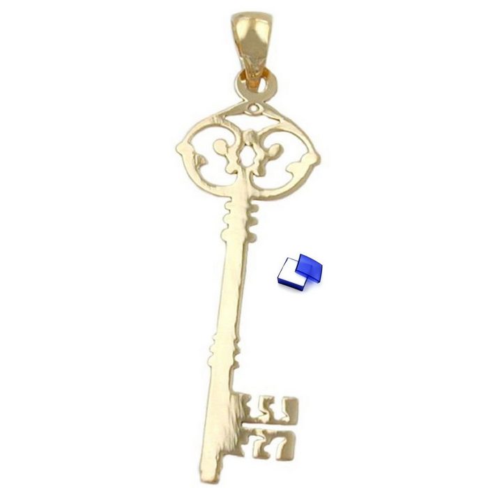 unbespielt Kettenanhänger Kettenanhänger Anhänger Schlüssel filigran aus 375 Gold 9 kt 33 x 11 mm inklusive Schmuckbox Goldschmuck für Damen und Herren