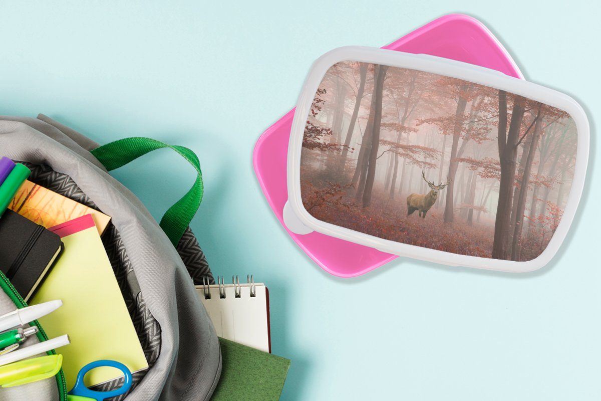 MuchoWow Lunchbox Hirsche - Wald Erwachsene, - Kunststoff, - Snackbox, für Brotdose Kunststoff Brotbox (2-tlg), Mädchen, rosa Rot Kinder, Herbst