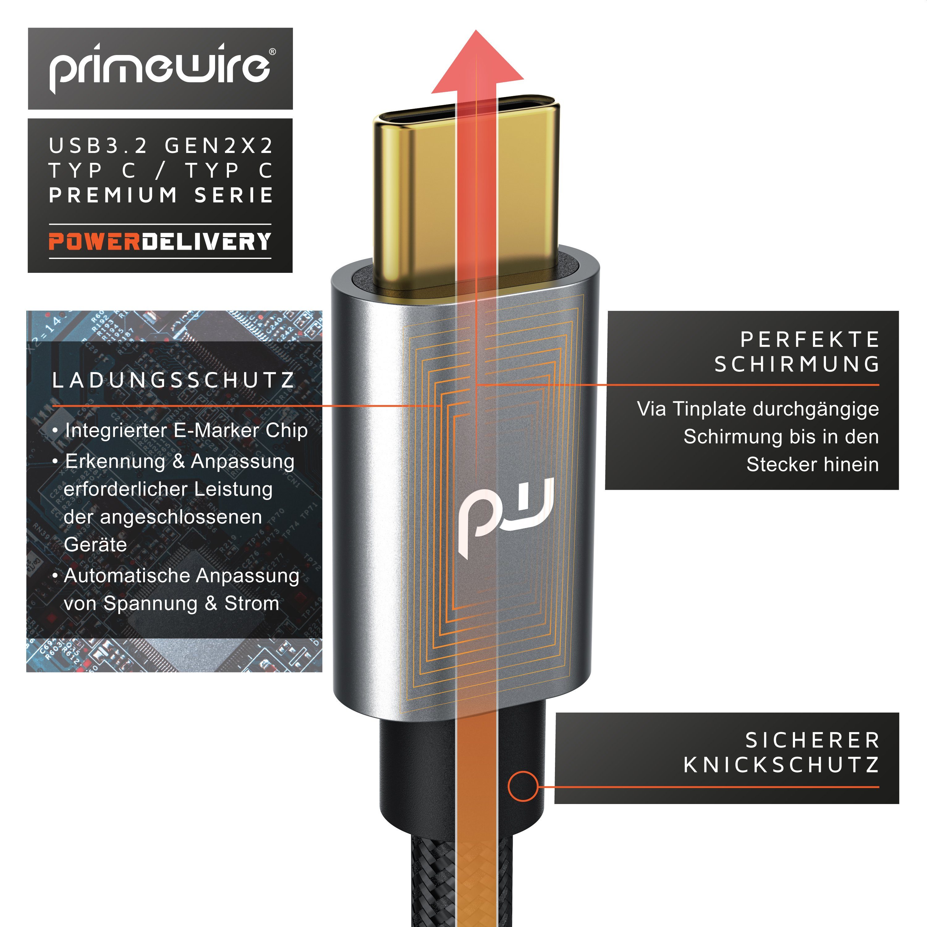 Primewire Gen 2x2-100 Watt PowerDelivery Ladekabel / Datenkabel 20 Gbit/s - 1m USB-Kabel, USB-C, 3.2 (100 cm), für Smartphone, Tablet, Notebook, MacBook, Ninten – Bild 5 von 5