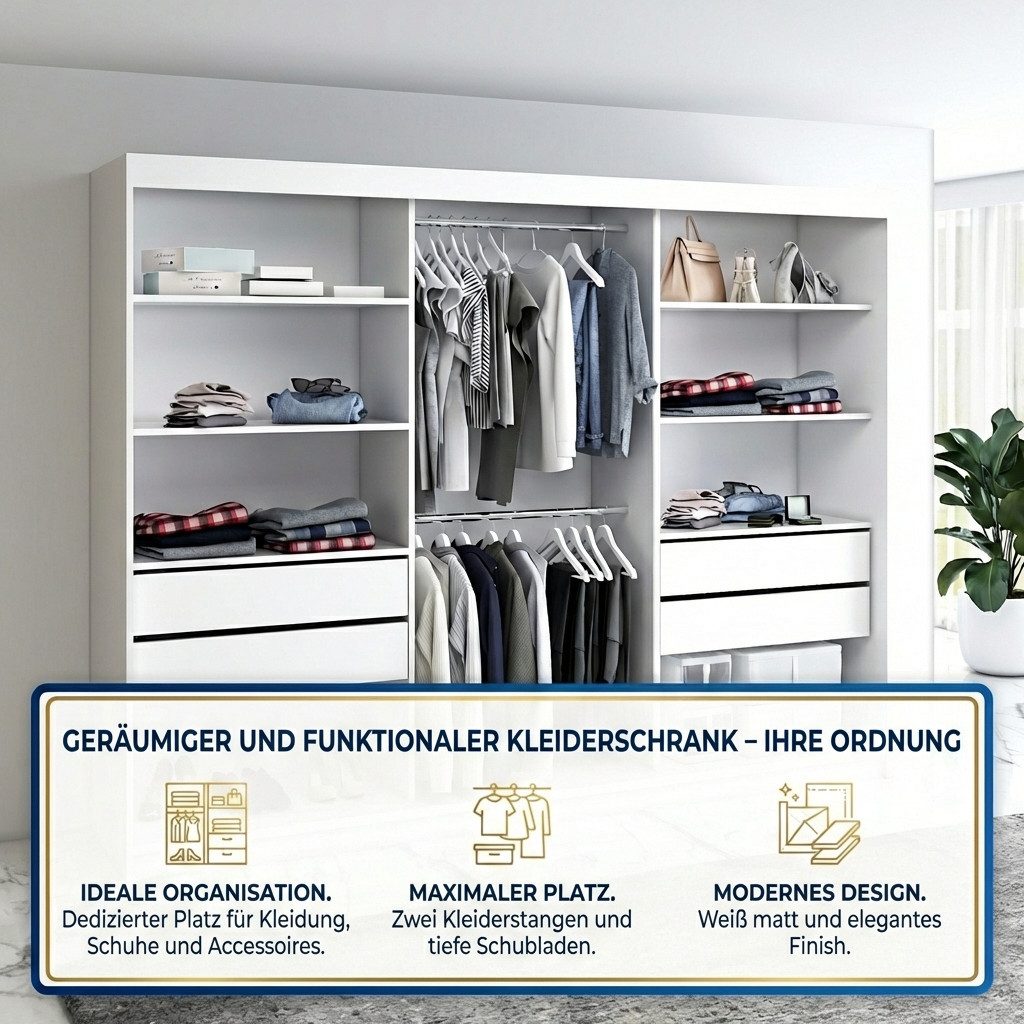 A&J MöbelLand GmbH Schiebetürenschrank VILUNO mit 4 Schubladen und Spiegel (nur für kurze Zeit! TOP ANGEBOT! Geräumiger Schrank mit einer Breite von 200 cm und  – Bild 4 von 5