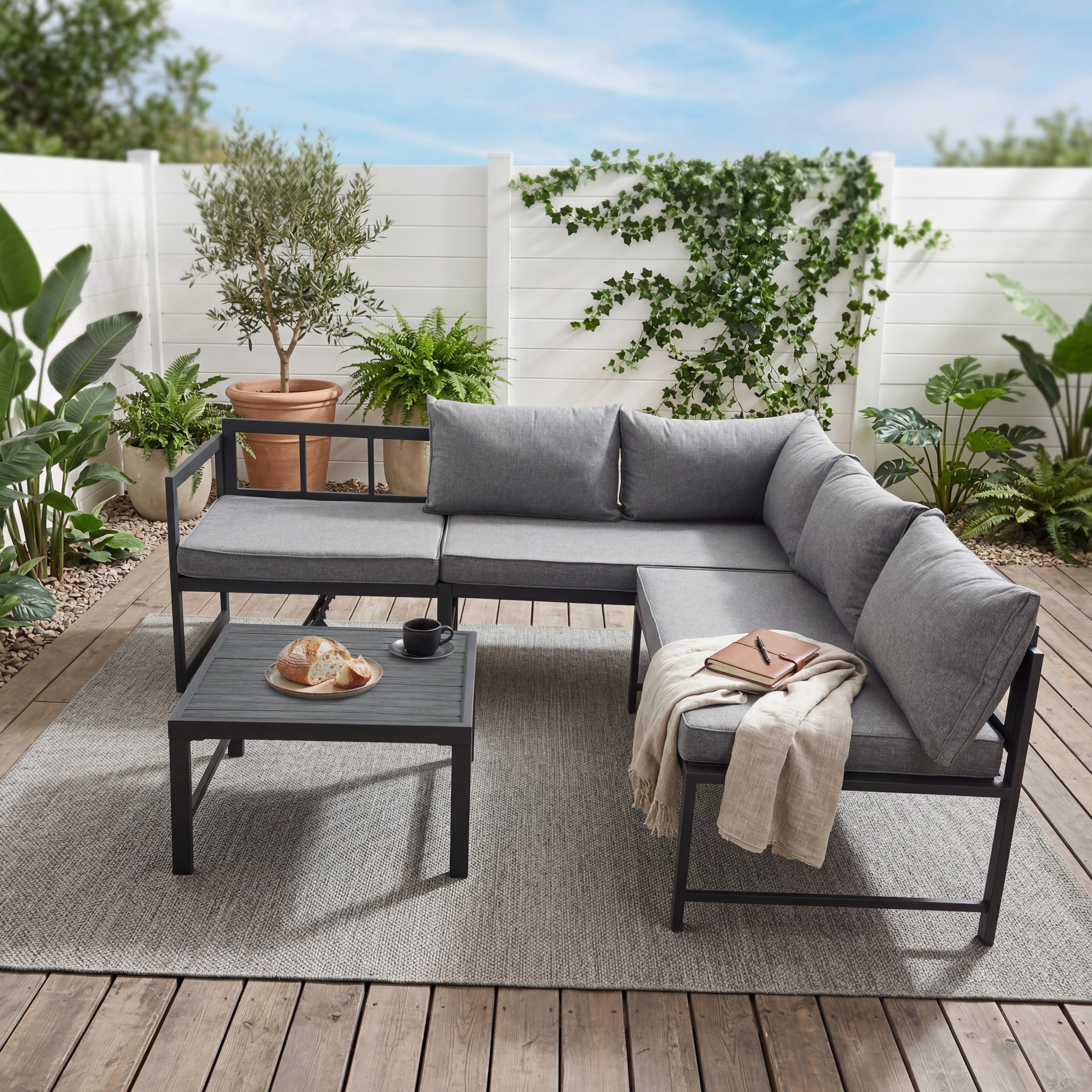 oyajia Gartenlounge-Set Gartenmöbel Set wetterfest 4-5 Personen, (Outdoor Gartensofa mit Tisch, 8cm Deluxe Relax-Sitzkissen), Gartenmöbel mit 5-stufig-verstellbarer Neigungsfunktion
