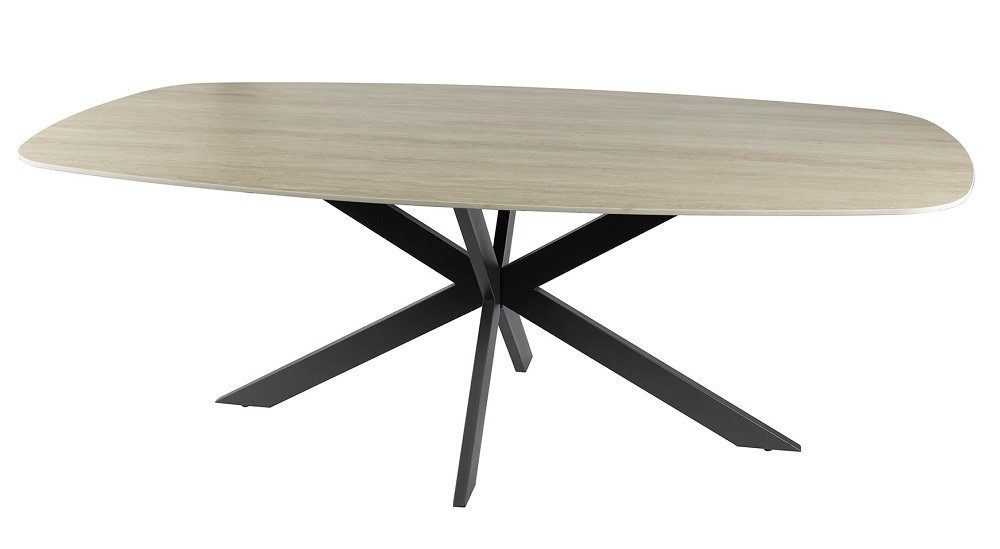 Furnhaus Esstisch Ele, oval, 215 cm, Keramik, Travertin (Moderner ovaler Esstisch mit dekorativem Spinnengestell, Keramikplatte mit sichtbarer Maserung), Ovaler Keramiktisch Esstisch mit schwarzem Spinnengestell