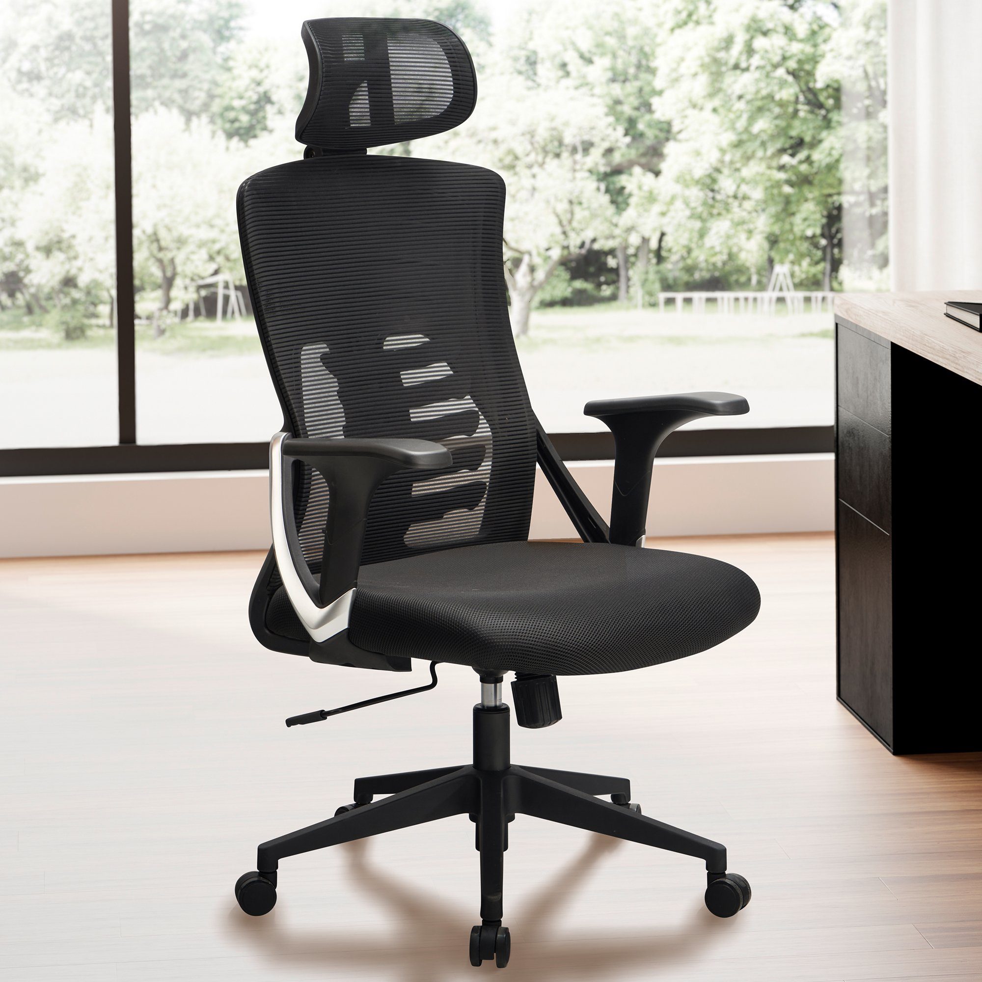 Amstyle Drehstuhl Bürostuhl Schreibtischstuhl Mesh Schwarz Ergonomisch 120 kg (Bürostuhl Schwarz Mesh-Bezug 120 kg Drehbar), Schreibtischstuhl Stoff, Ergonomisch mit Armlehnen