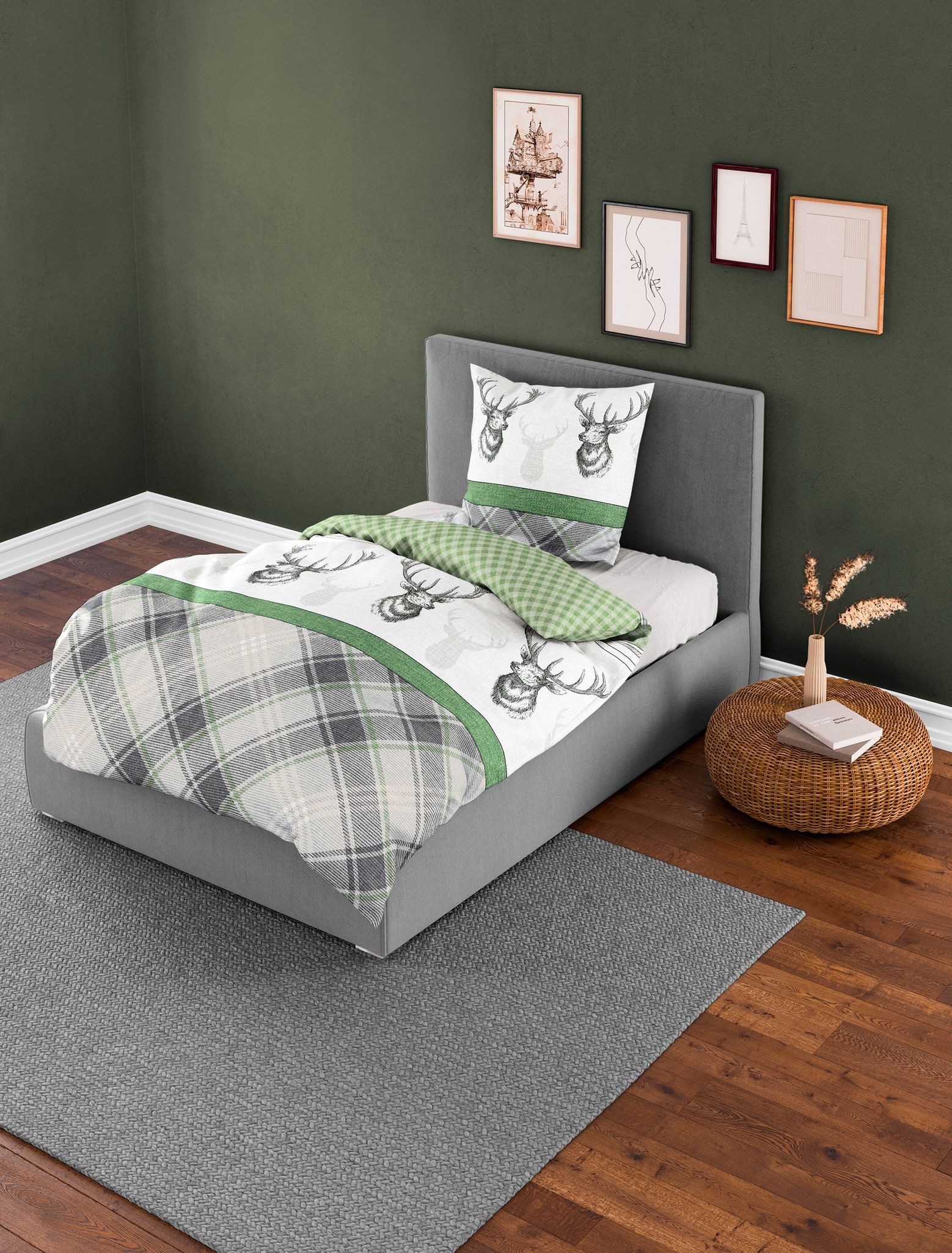 JACK Bettwäsche 135x200cm Hirsche Karo Dunkelgrün günstig online kaufen