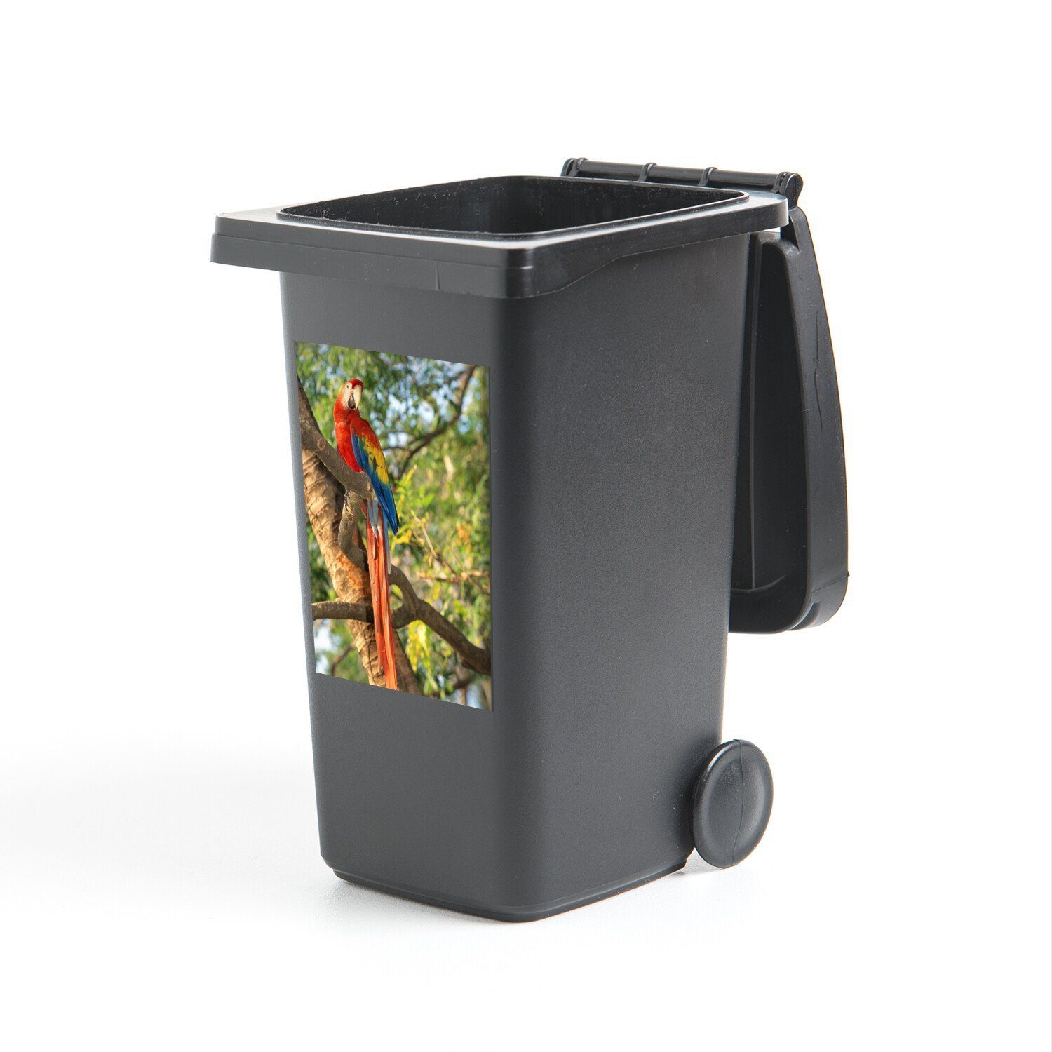 Mülleimer-aufkleber, St), Wandsticker einem auf Baum Abfalbehälter sitzt (1 Mülltonne, Container, Sticker, MuchoWow Ara