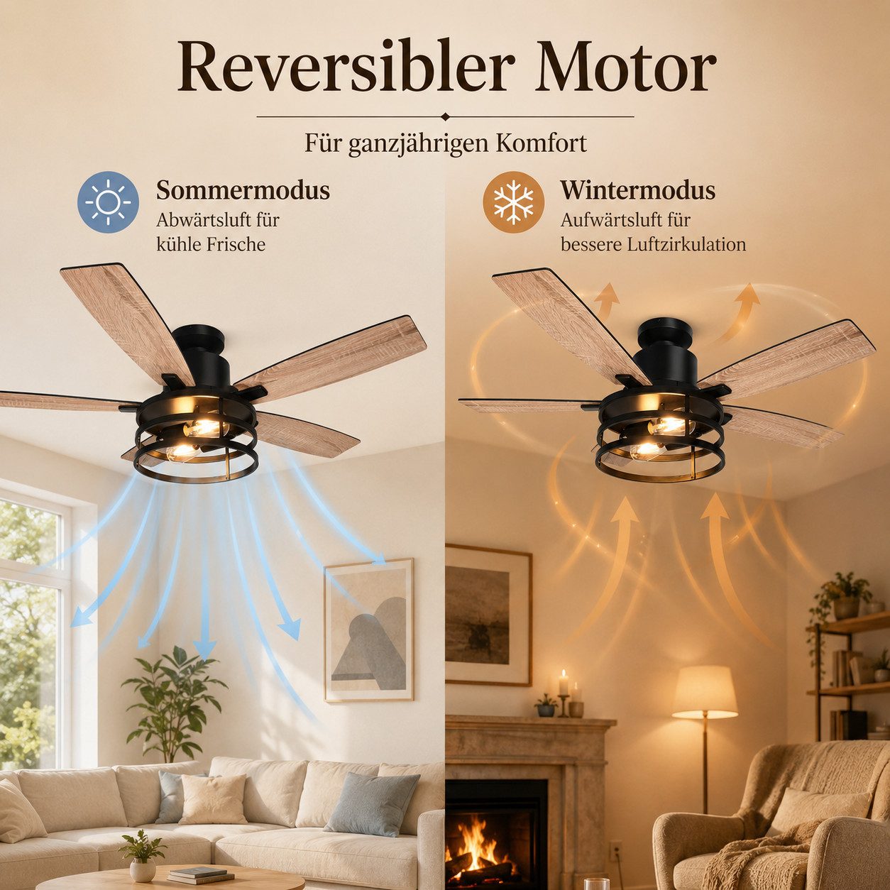 Rosnek Deckenventilator mit Beleuchtung, Fernbedienung, 2 Flügel-Designs, leiser, 112/132cm, Metall, Deckenmontage, für Schlafzimmer, Wohnzimme