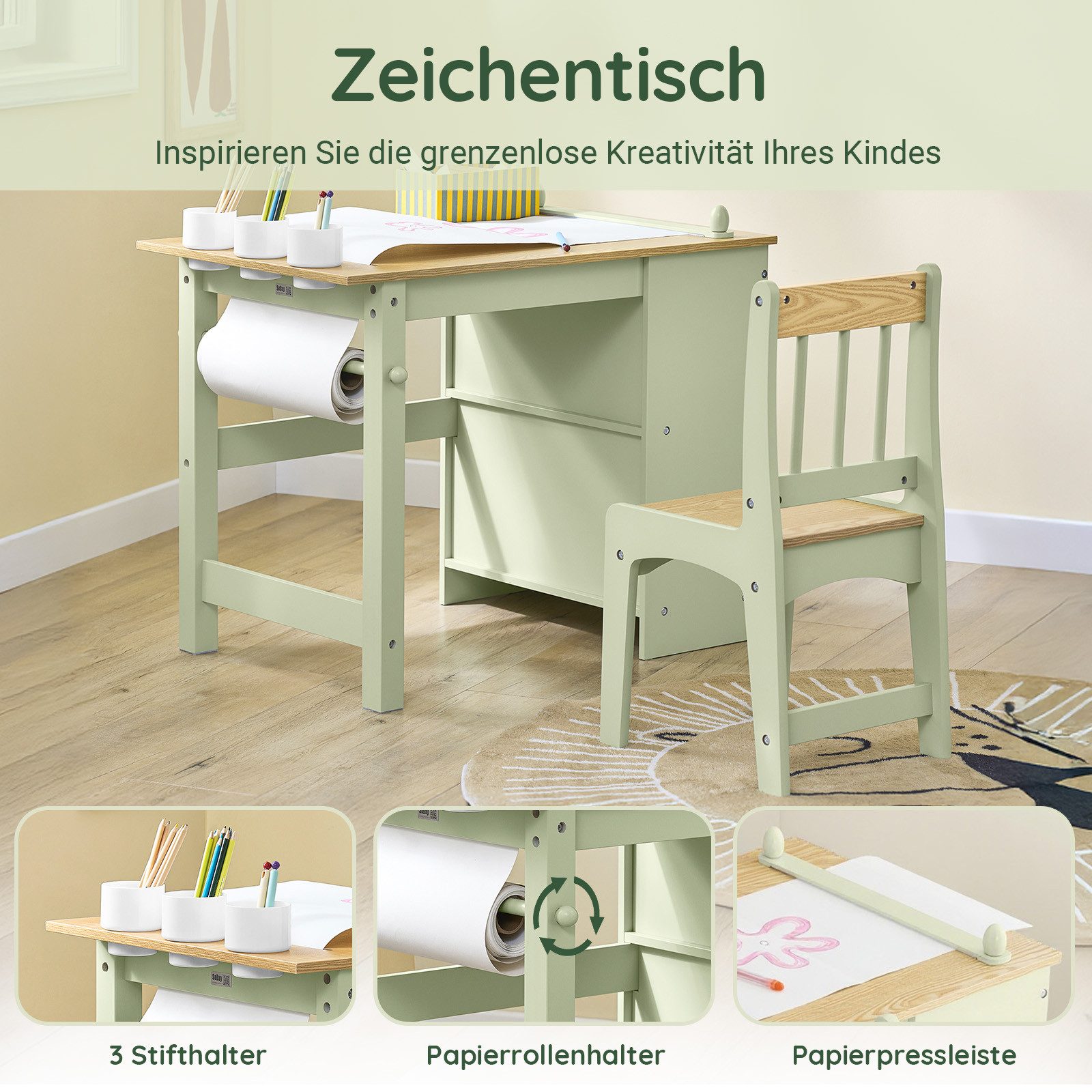 SoBuy Kindertisch KMB60, Kindersitzgruppe Spieltisch Kindermöbel Multifunktions Möbelset, Kindertisch mit Stühlen Maltisch mit Papierrollenhalter & Stauraum