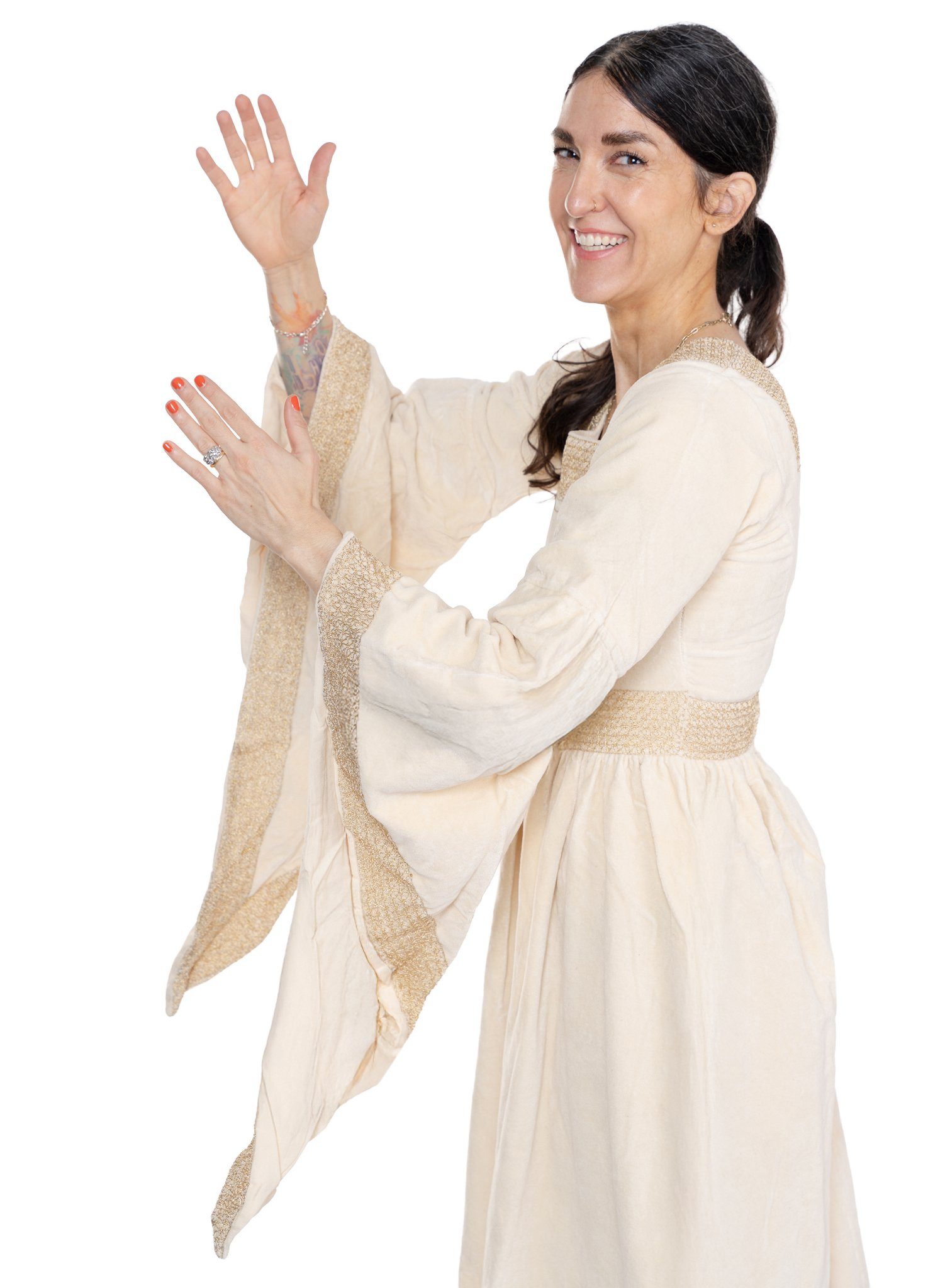 Metamorph Hexen-Kostüm Zauberin Samtkleid mit Trompetenärmeln creme, Hochwertige und authentische Mittelalterkleidung zu unschlagbar günst