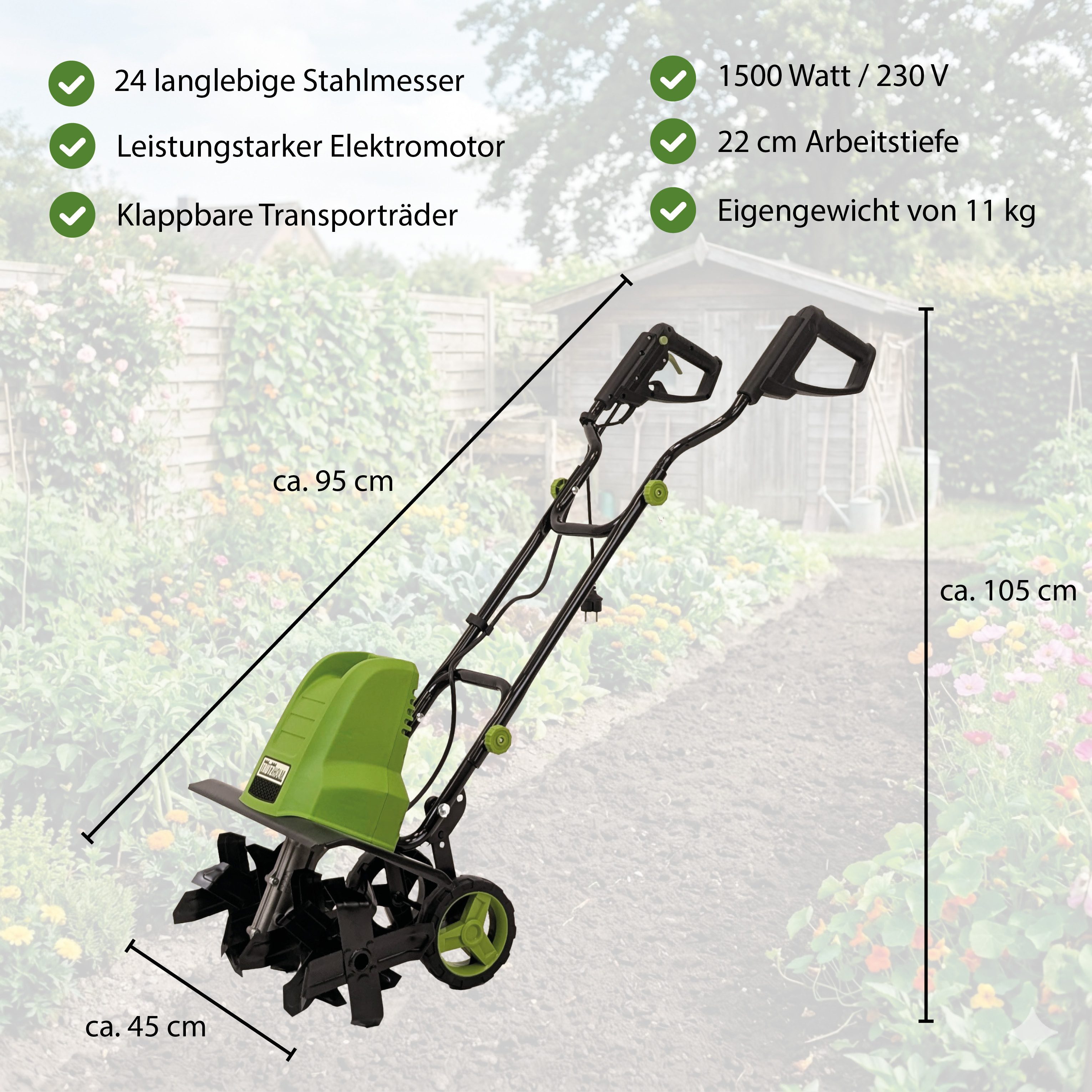 TRUTZHOLM Gartenhacke Motorhacke 24 Hackmesser 1500W Bodenhacke Transporträder klappbar, 45 cm Arbeitsbreite, Artikel, 1 St., Ergonimisches Design