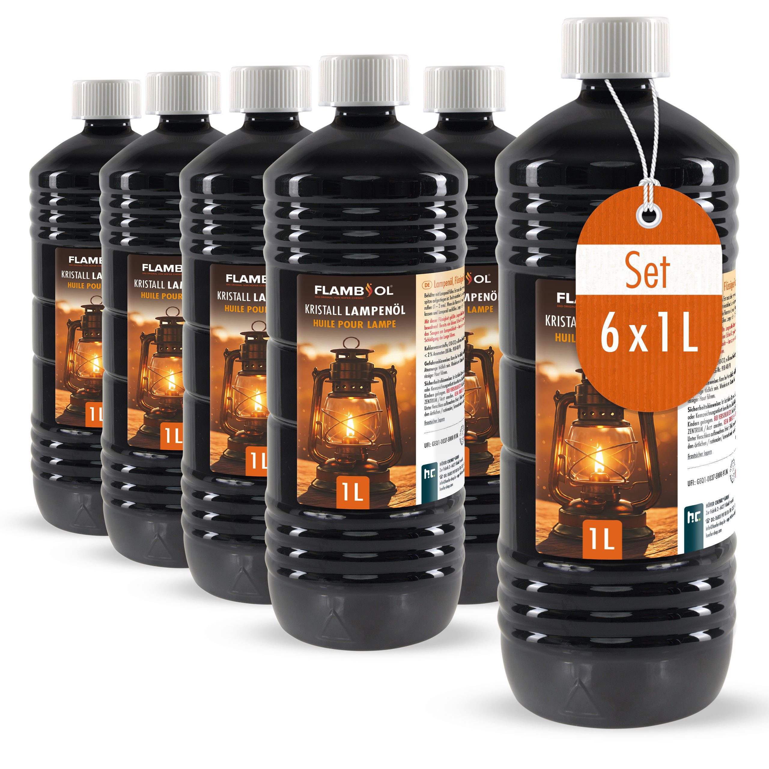 Höfer Chemie GmbH Lampenöl 6x 1 L FLAMBIOL® Lampenöl Hochrein Kristallklar, 6 l, (6-St), Sauberer Brennstoff für Lampen und Fackeln