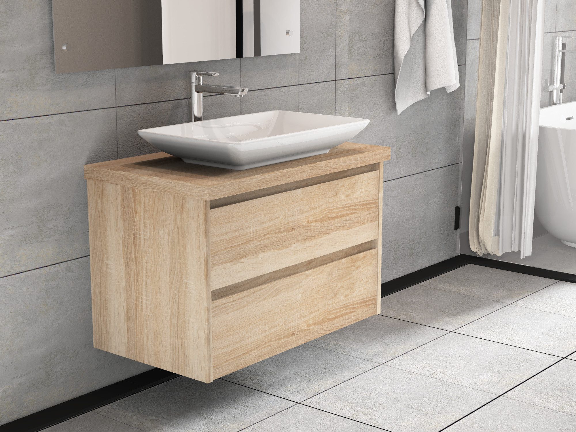 Aqua Bagno Badmöbel-Set Unterschrank mit Waschtisch eiche Gold 80cm Badschrank, (vormontiert, 3-St., Badmöbelschrank melaminbeschichtet, Trägerplatte, Keramikwaschbecken), einfache Montage, Skandi