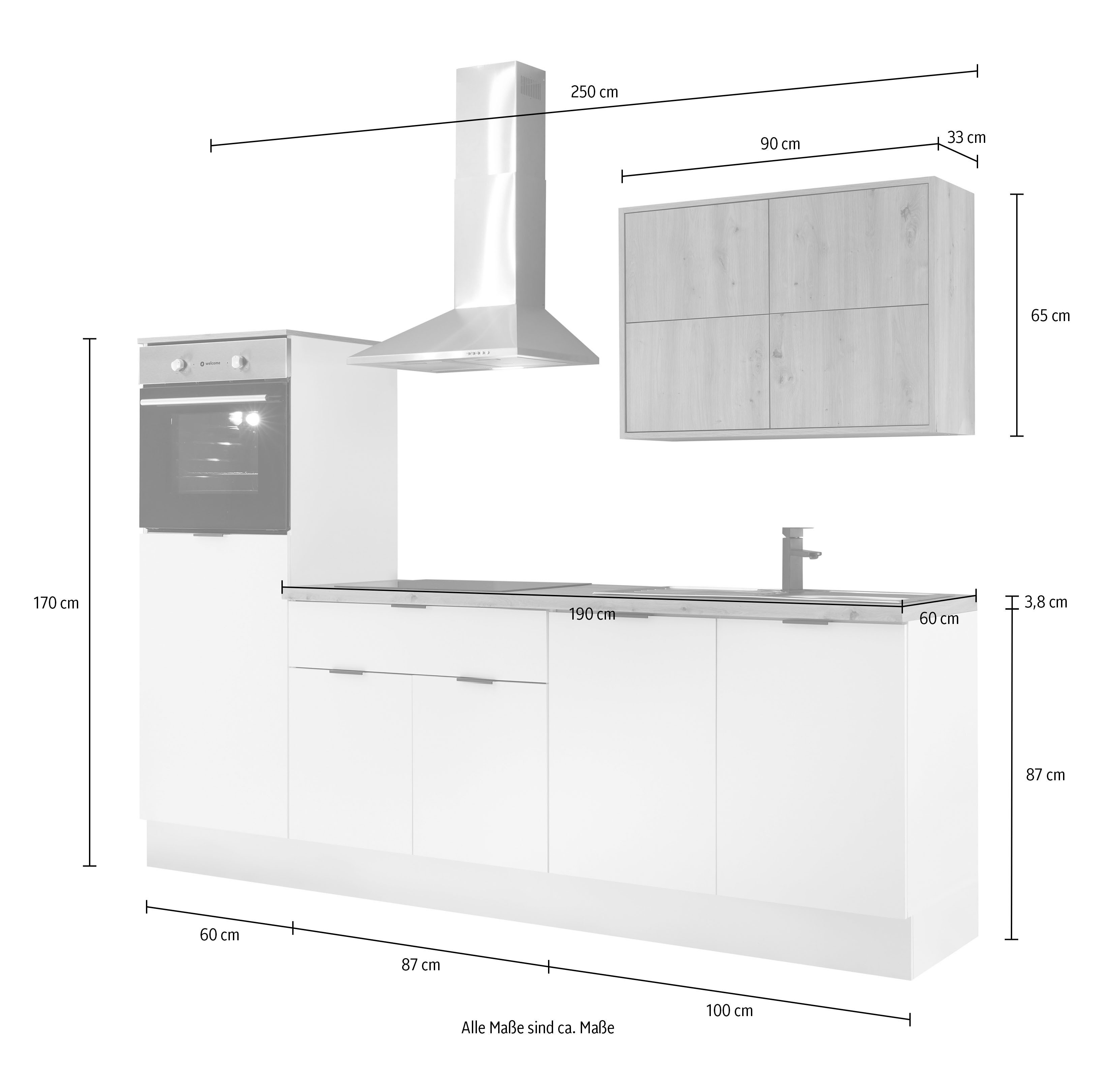 Coin cuisine Kitchenette KS-Georgia, avec plan de travail de 38 mm d'épaisseur, largeur 250 cm, avec appareils électroménagers et réfrigérateur en option