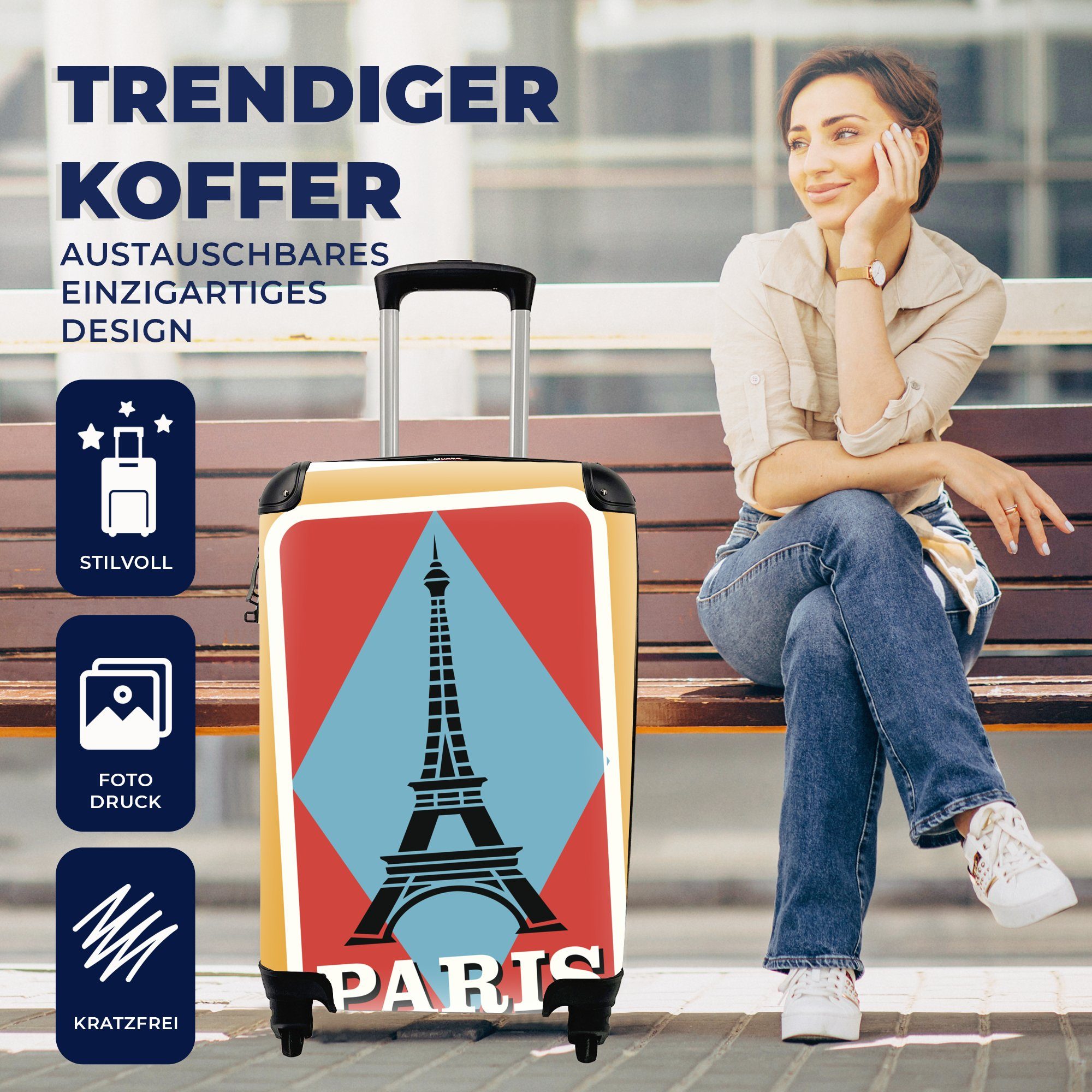 Eiffelturms Reisekoffer des Reisetasche Rollen, für 4 Illustration MuchoWow Eine Ferien, Trolley, Aufkleber, rollen, als mit Handgepäckkoffer Handgepäck