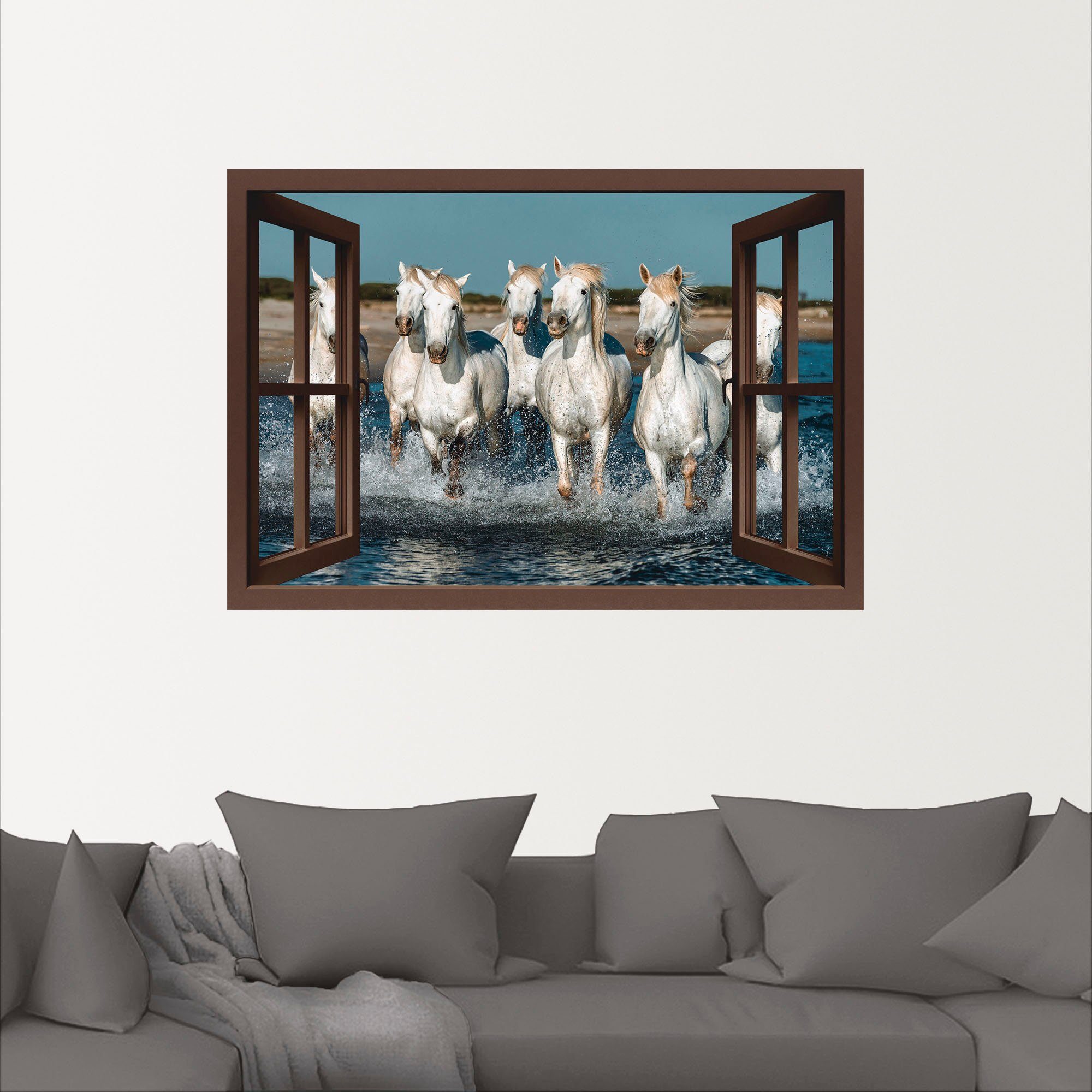 oder Haustiere Größen Alubild, am Artland in versch. Pferde (1 Wandaufkleber Leinwandbild, St), Fensterblick als Wandbild Strand, Poster